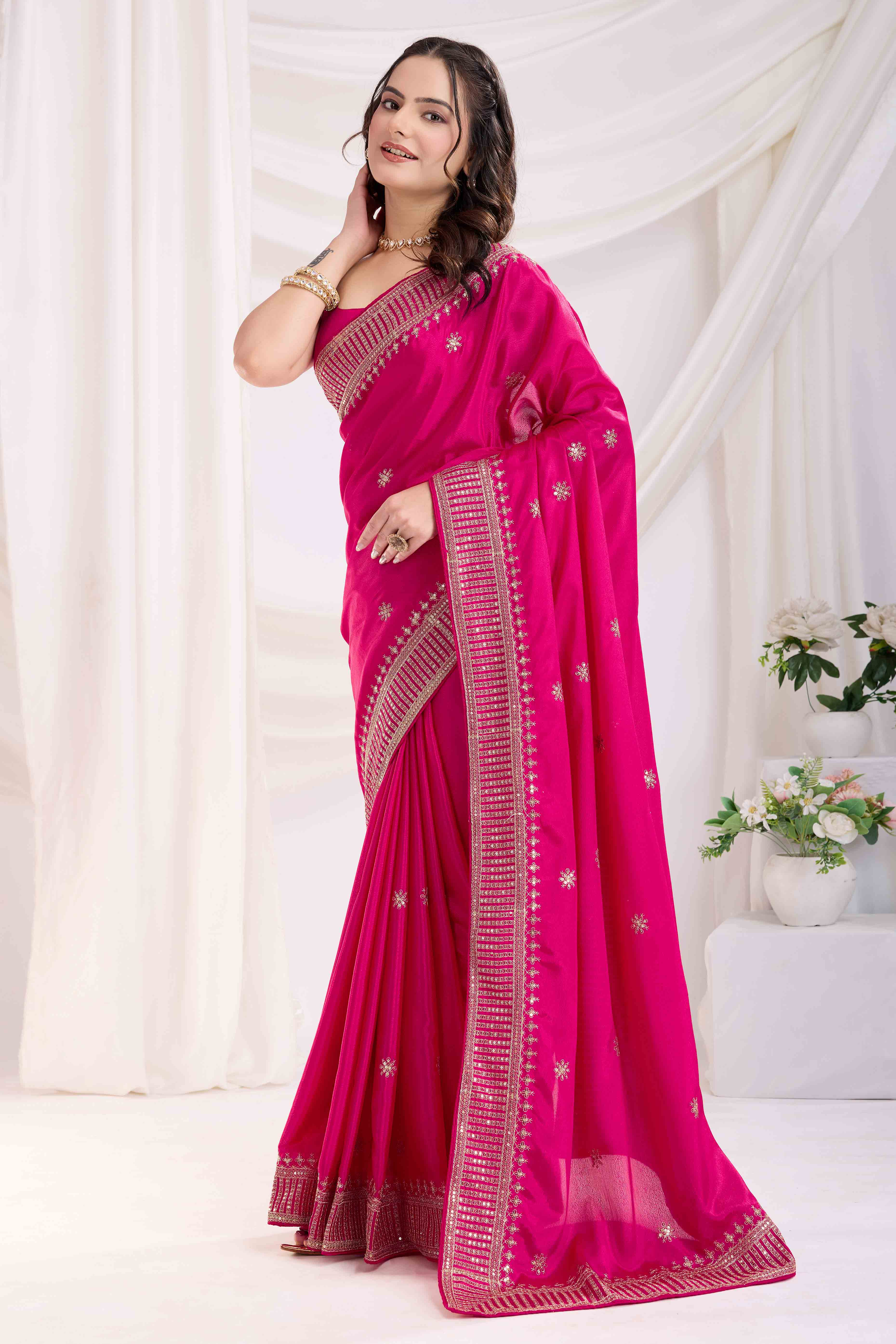 Rani Pink Saree In Chinon Silk Featuring Delicate Floral Embroidery & Sparkling Sequins