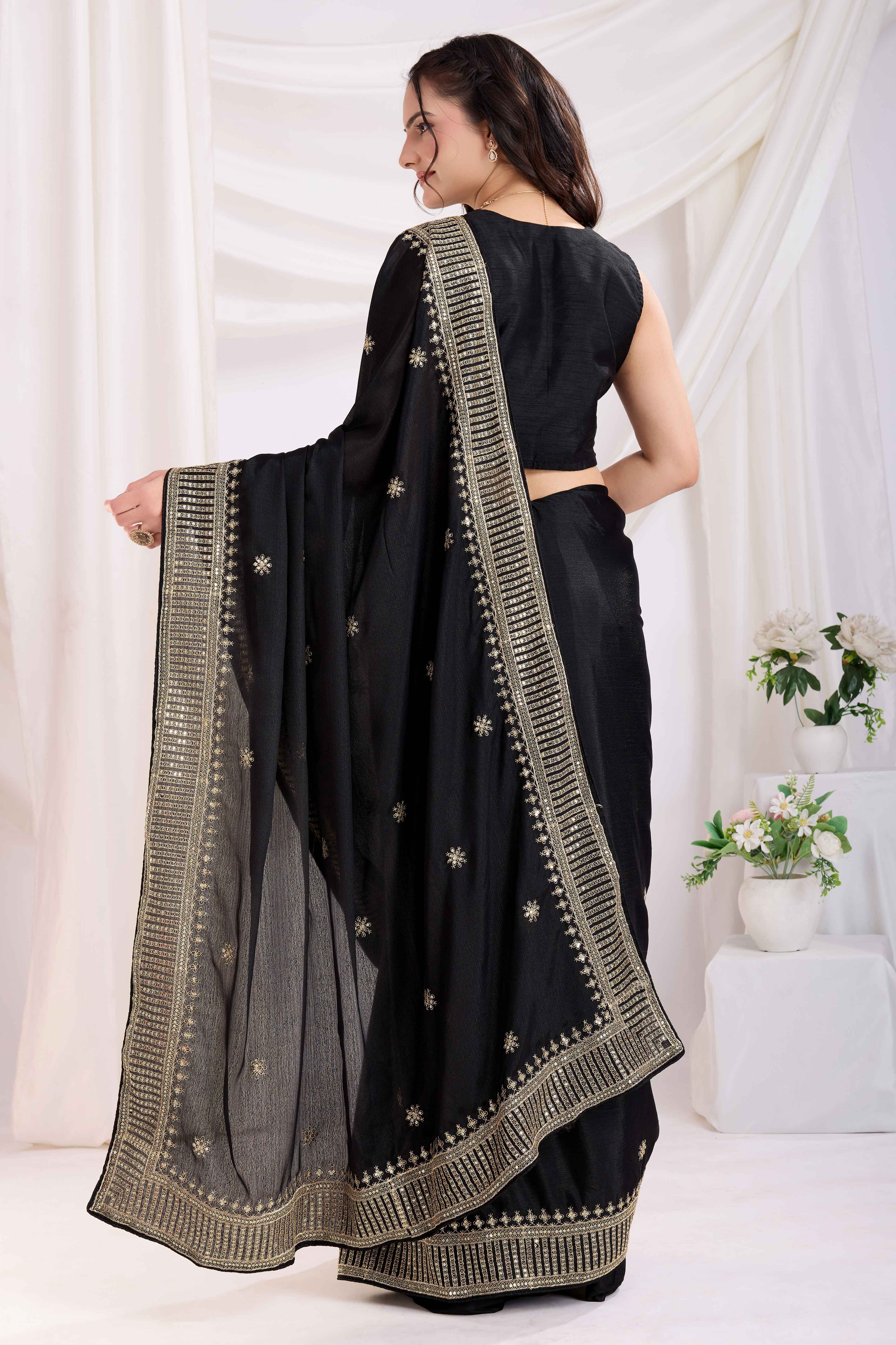 Black Saree In Chinon Silk Featuring Delicate Floral Embroidery & Sparkling Sequins