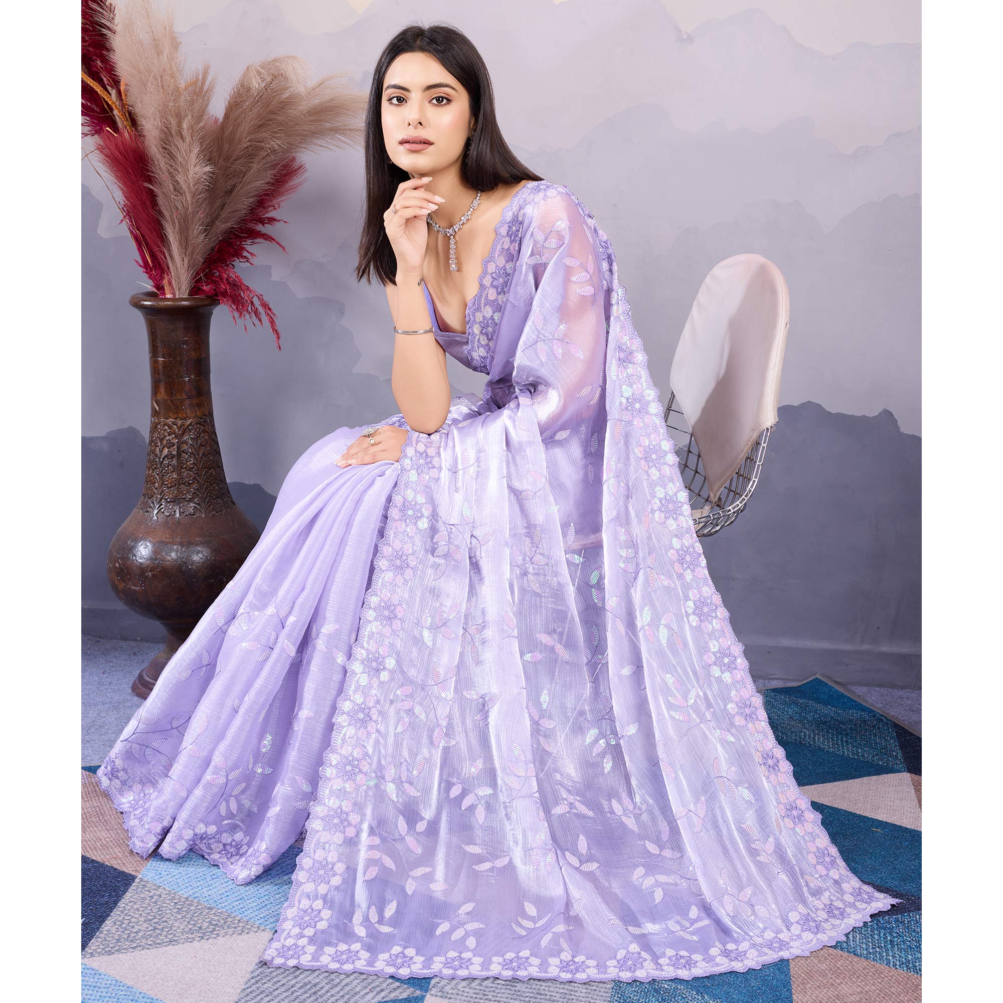 Lavender Sequins Embroidered Art Silk Saree