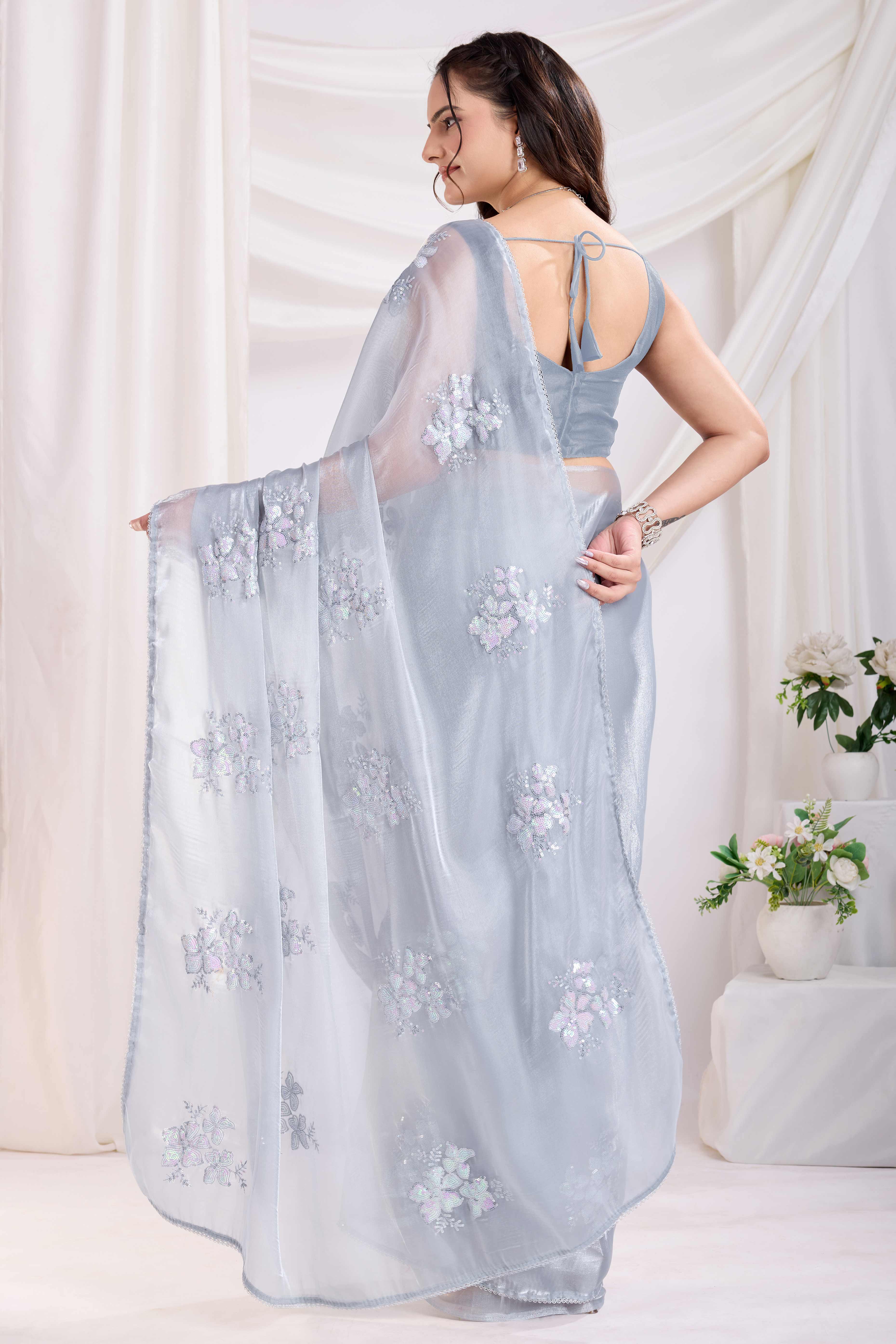 Grey Saree With Exquisite Floral Sequins Embroidery On Luxe Jimmy Choo Silk Blend