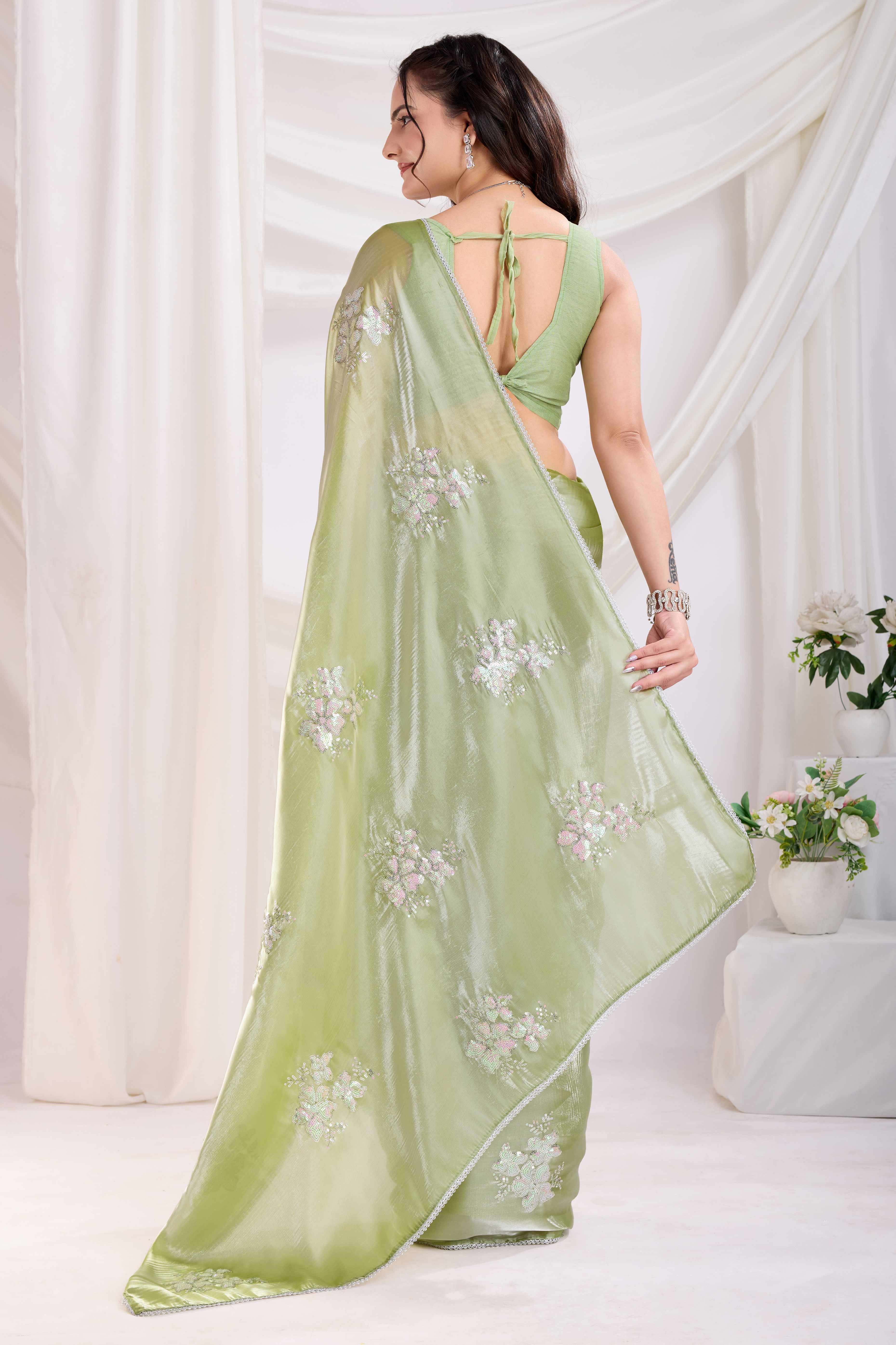 Green Saree With Exquisite Floral Sequins Embroidery On Luxe Jimmy Choo Silk Blend