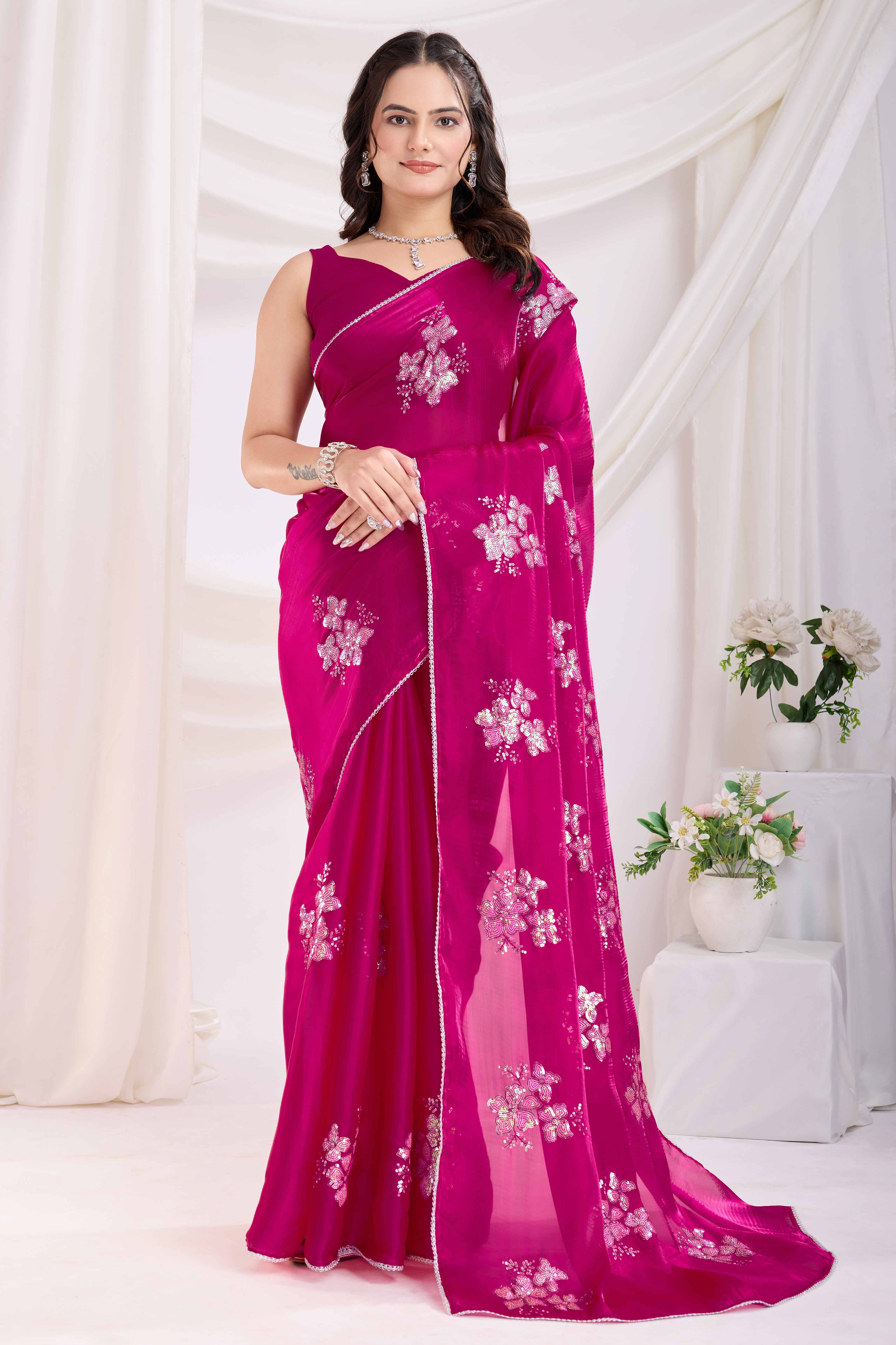 Rani Pink Saree With Exquisite Floral Sequins Embroidery On Luxe Jimmy Choo Silk Blend