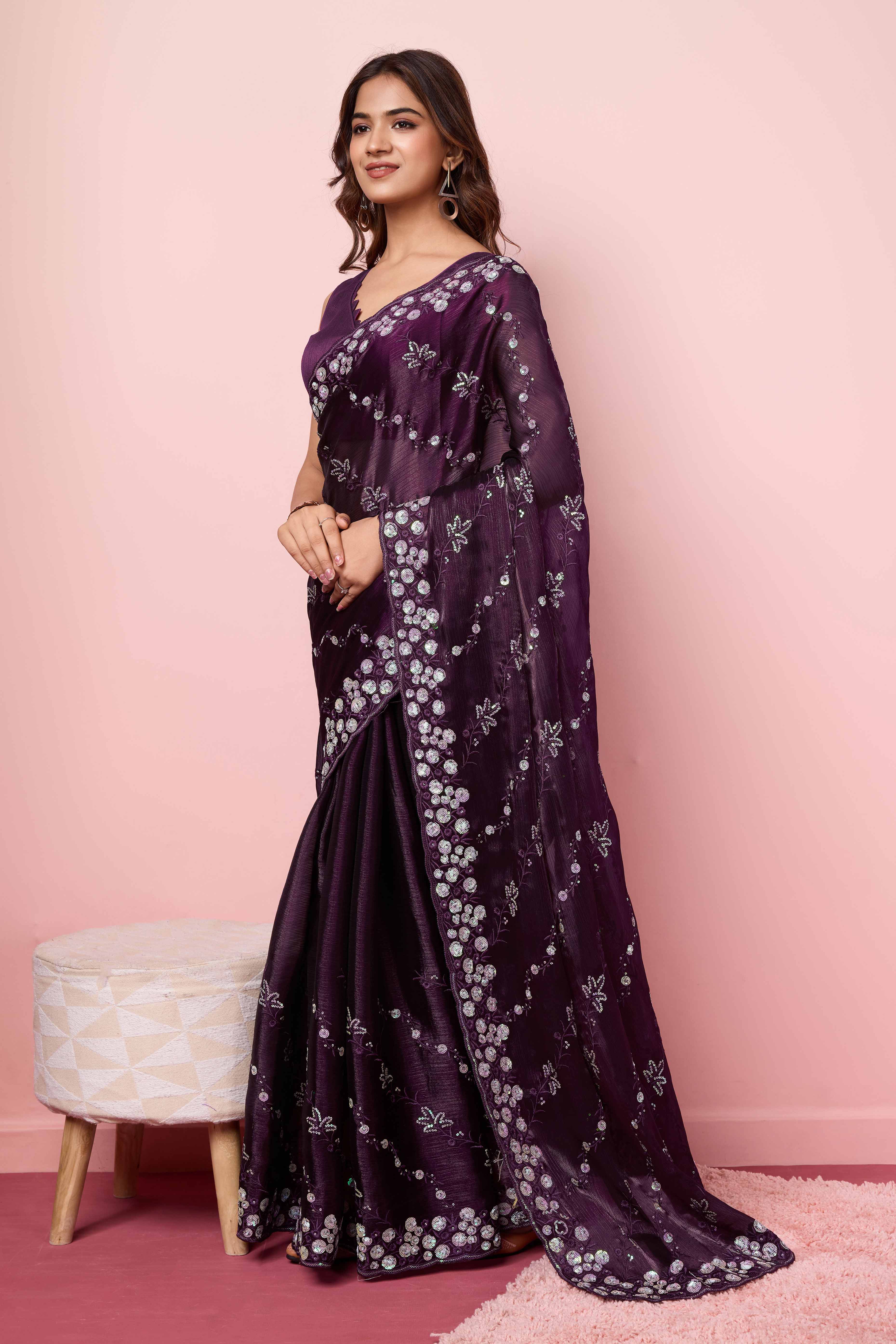 Wine Floral Sequins Embroidered Burberry Silk Saree