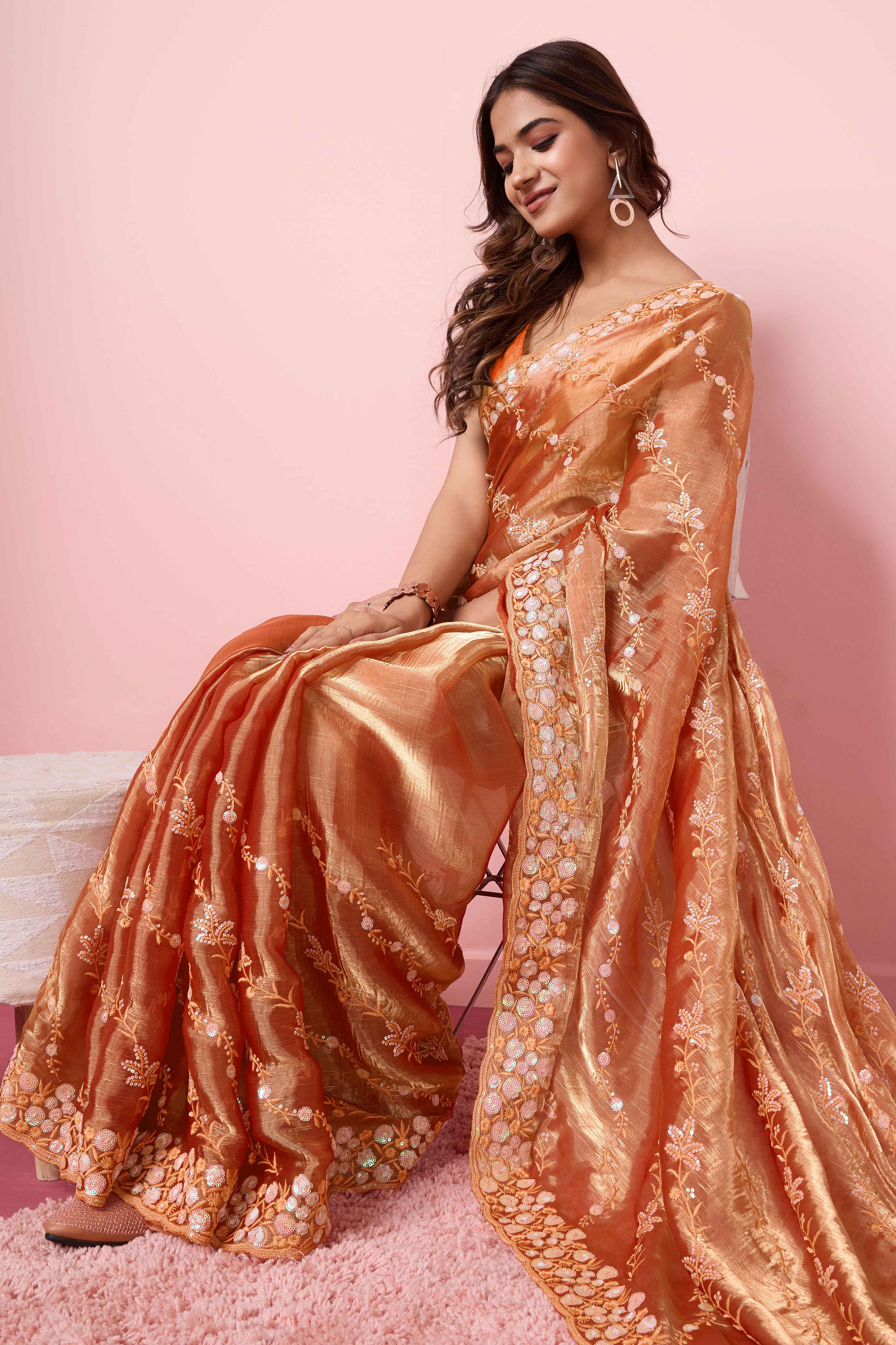 Orange Floral Sequins Embroidered Burberry Silk Saree