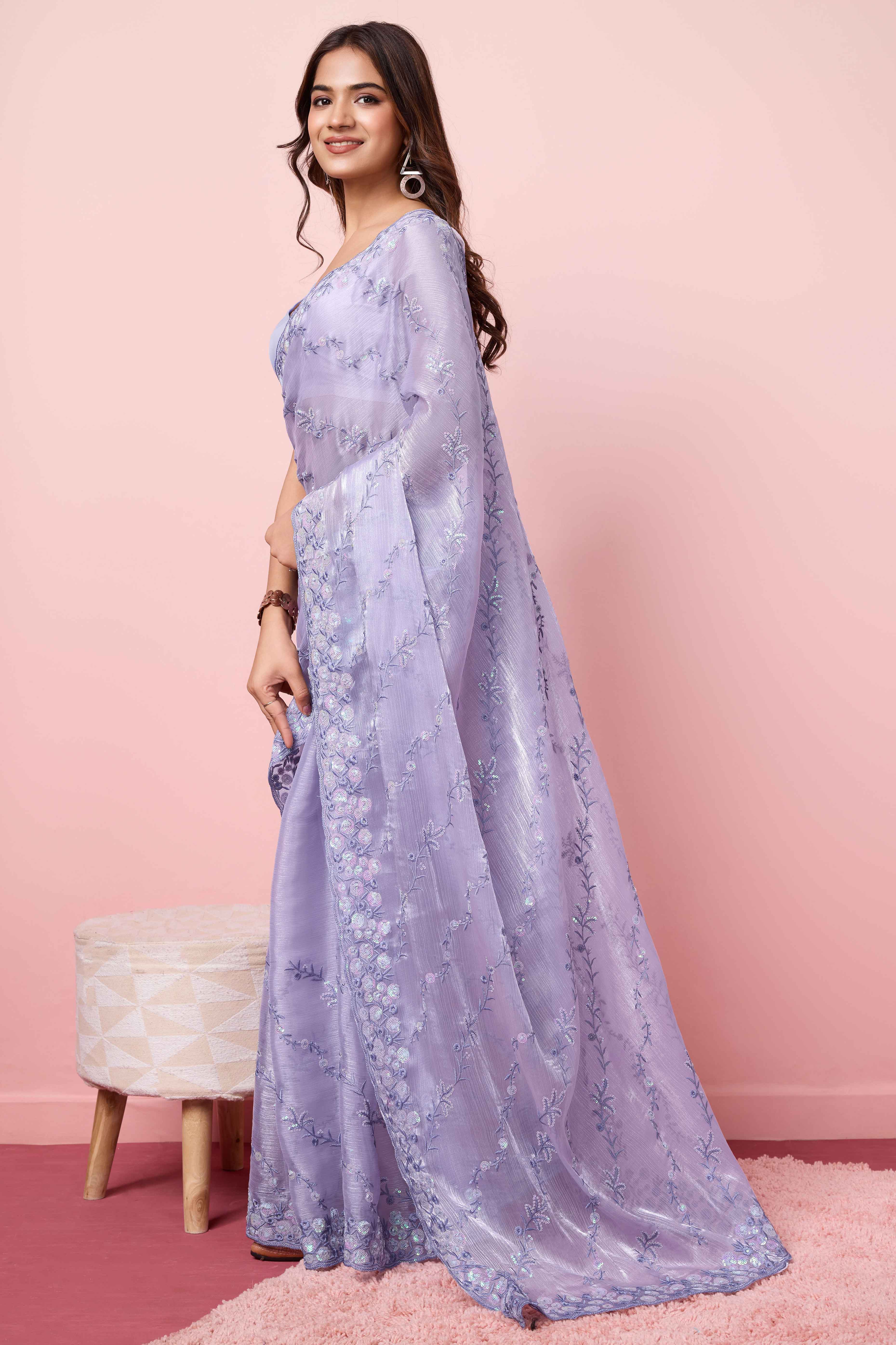 Lavender Floral Sequins Embroidered Burberry Silk Saree
