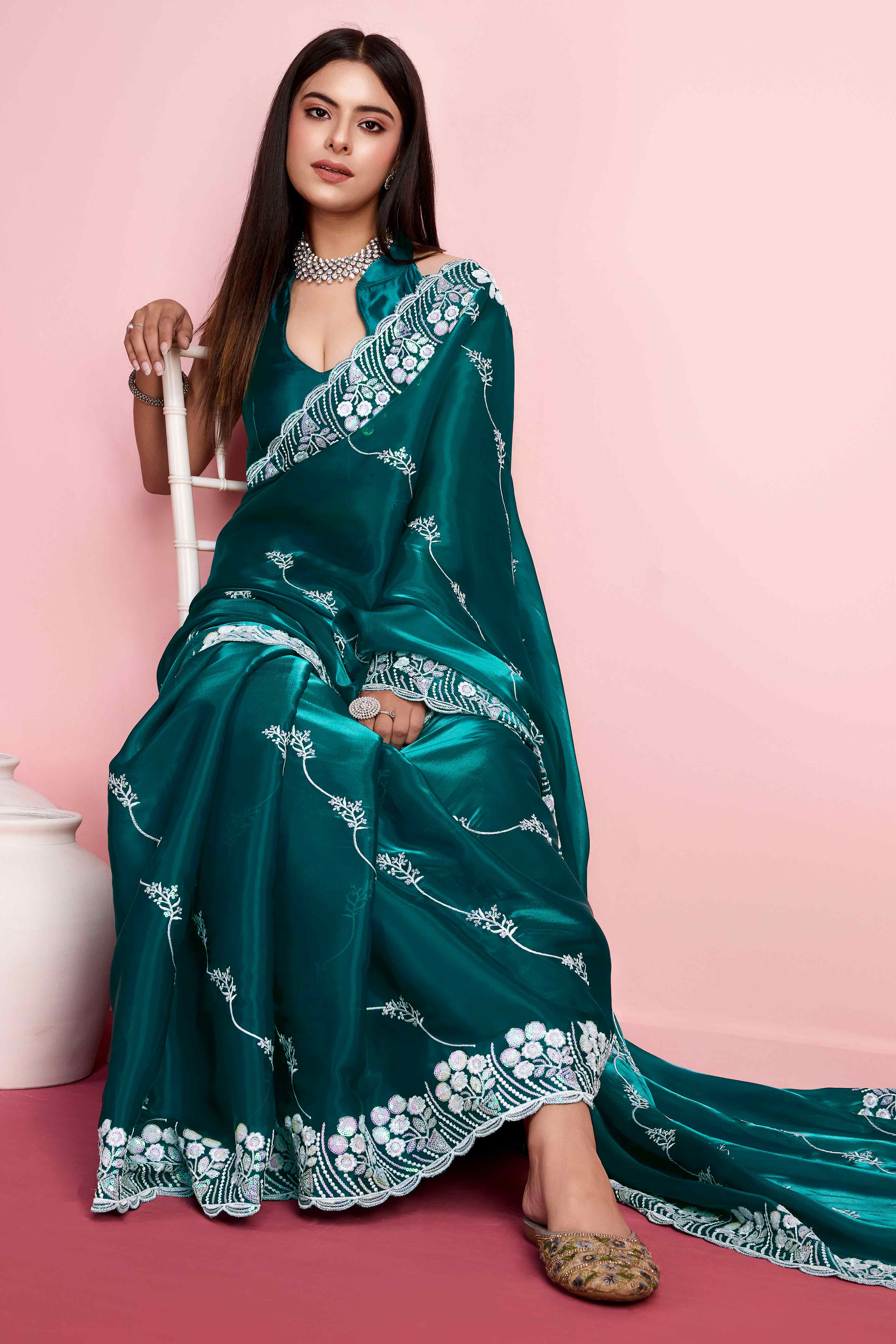 Teal Green Floral Sequins Embroidered Jimmy Choo Tissue Saree