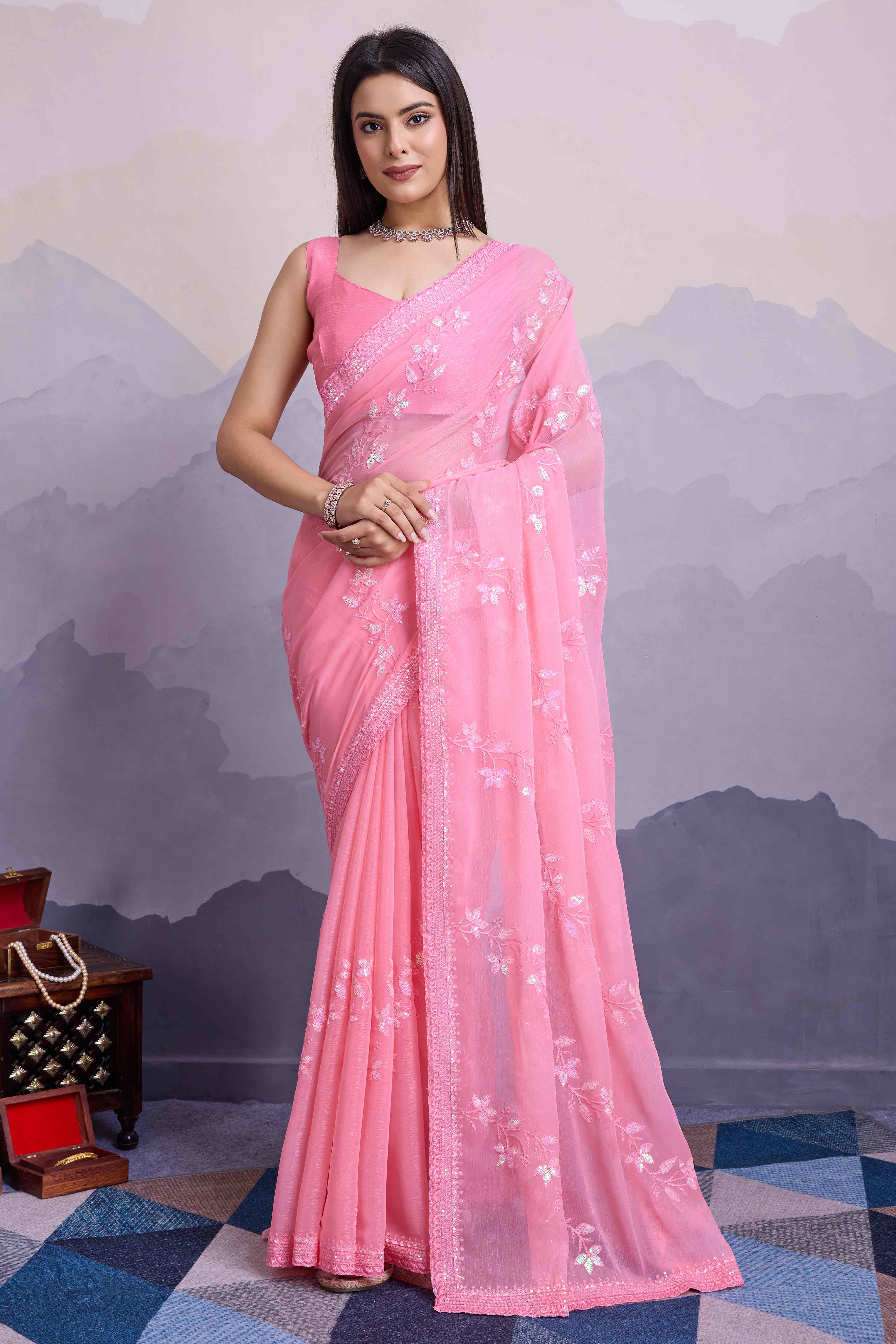 Pink Floral Sequins Embroidered Chiffon Saree