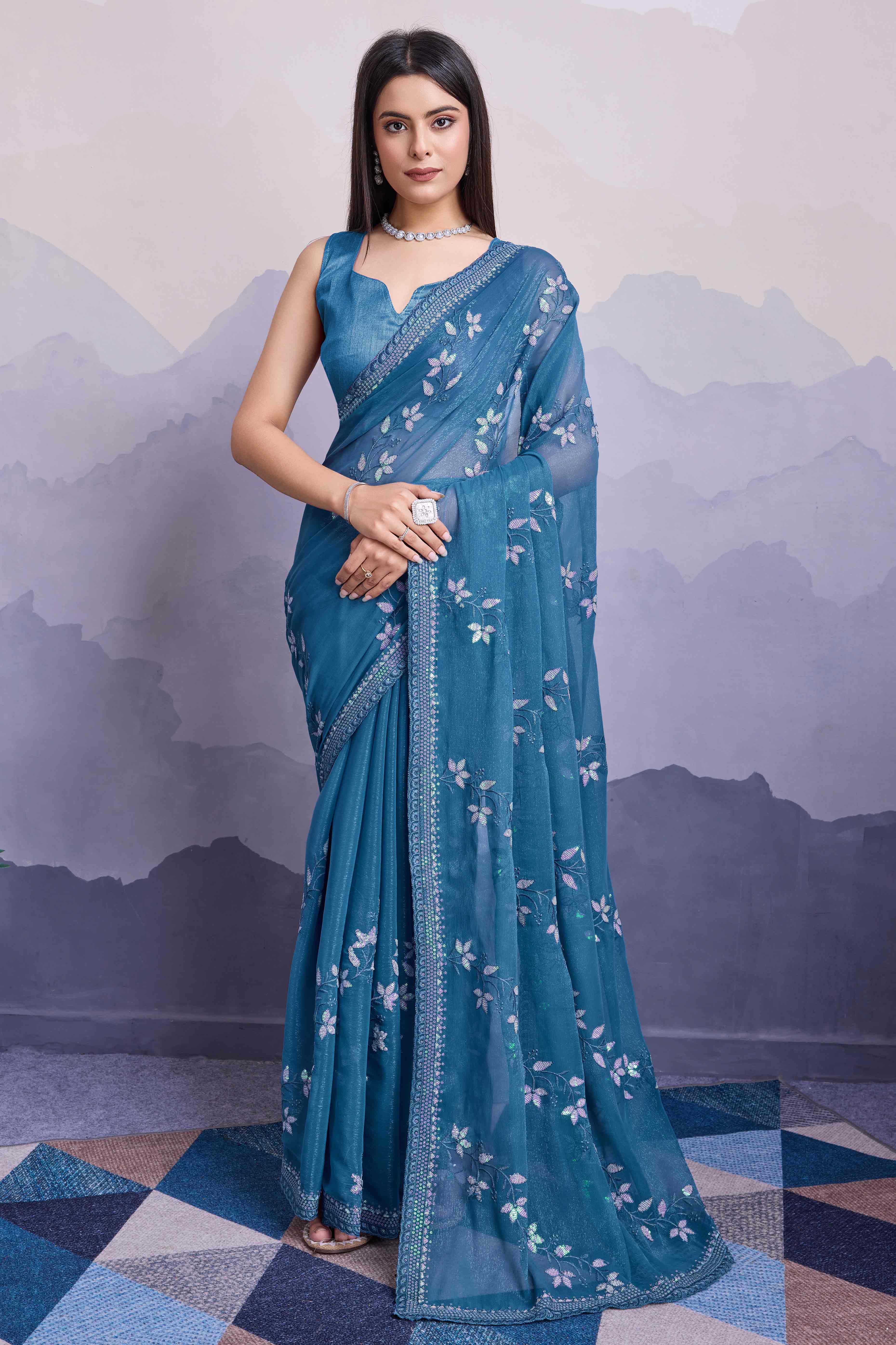 Blue Floral Sequins Embroidered Chiffon Saree
