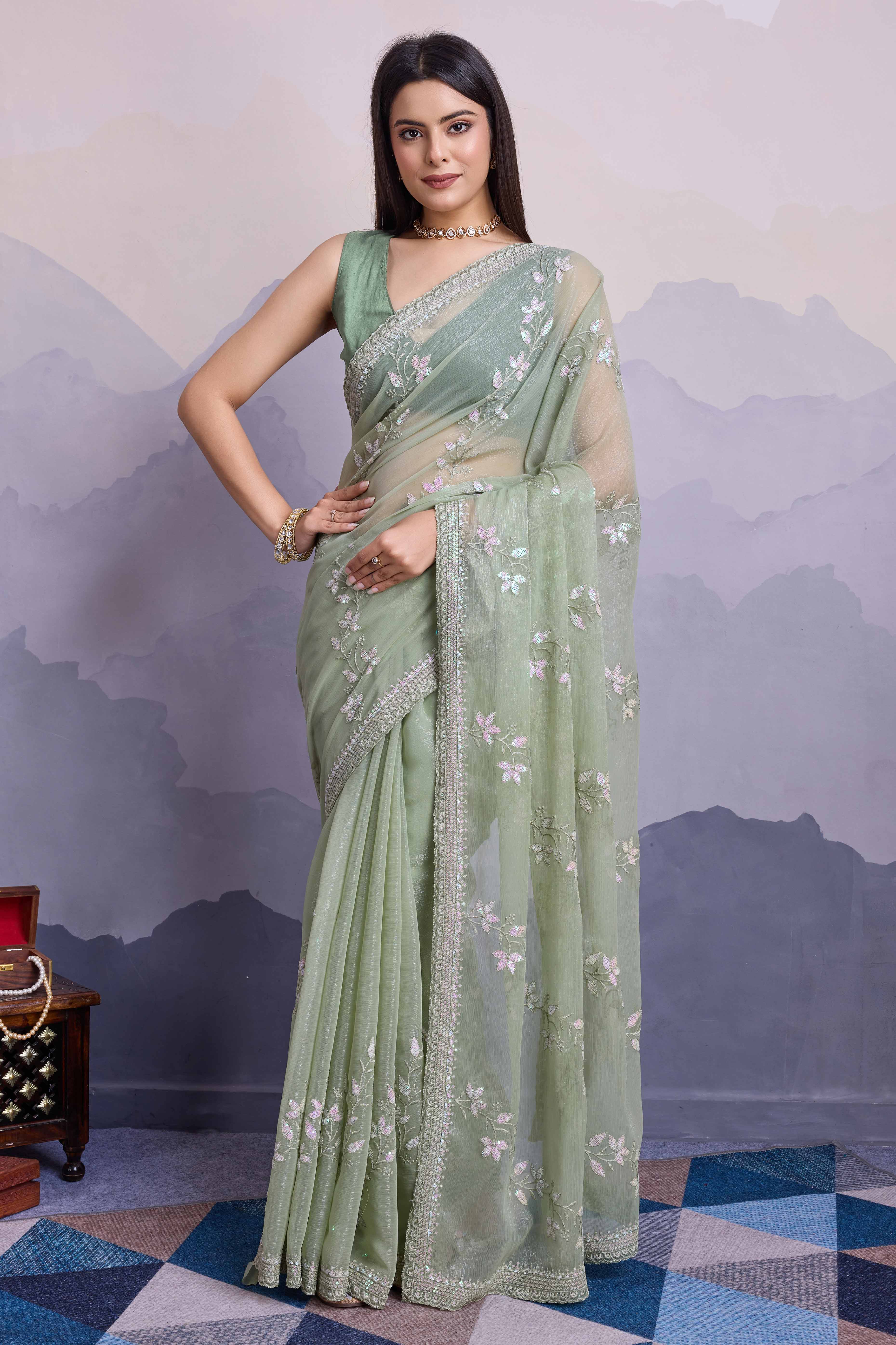 Green Floral Sequins Embroidered Chiffon Saree