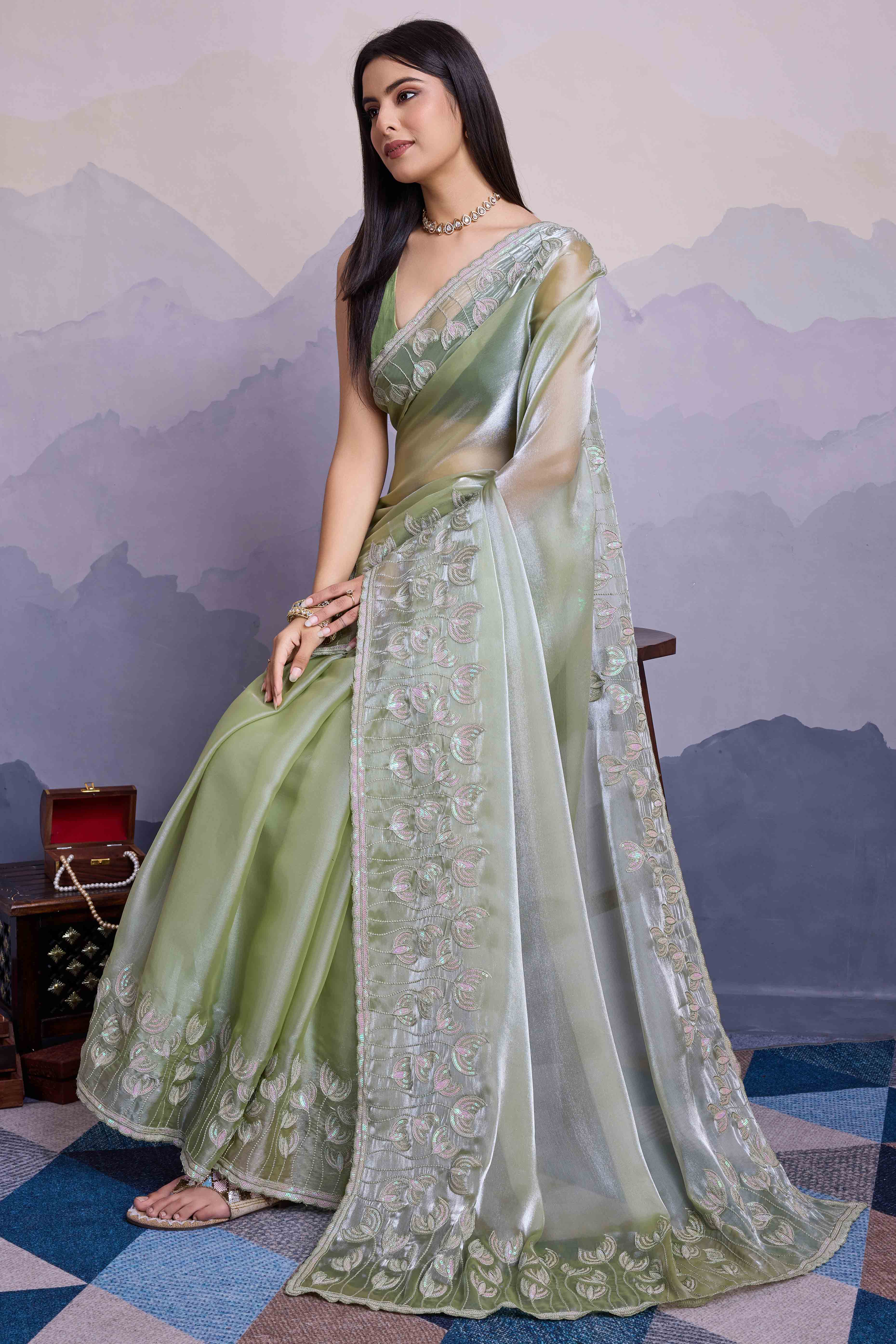 Green Floral Sequins Embroidered Jimmi Choo Zoya Silk Saree