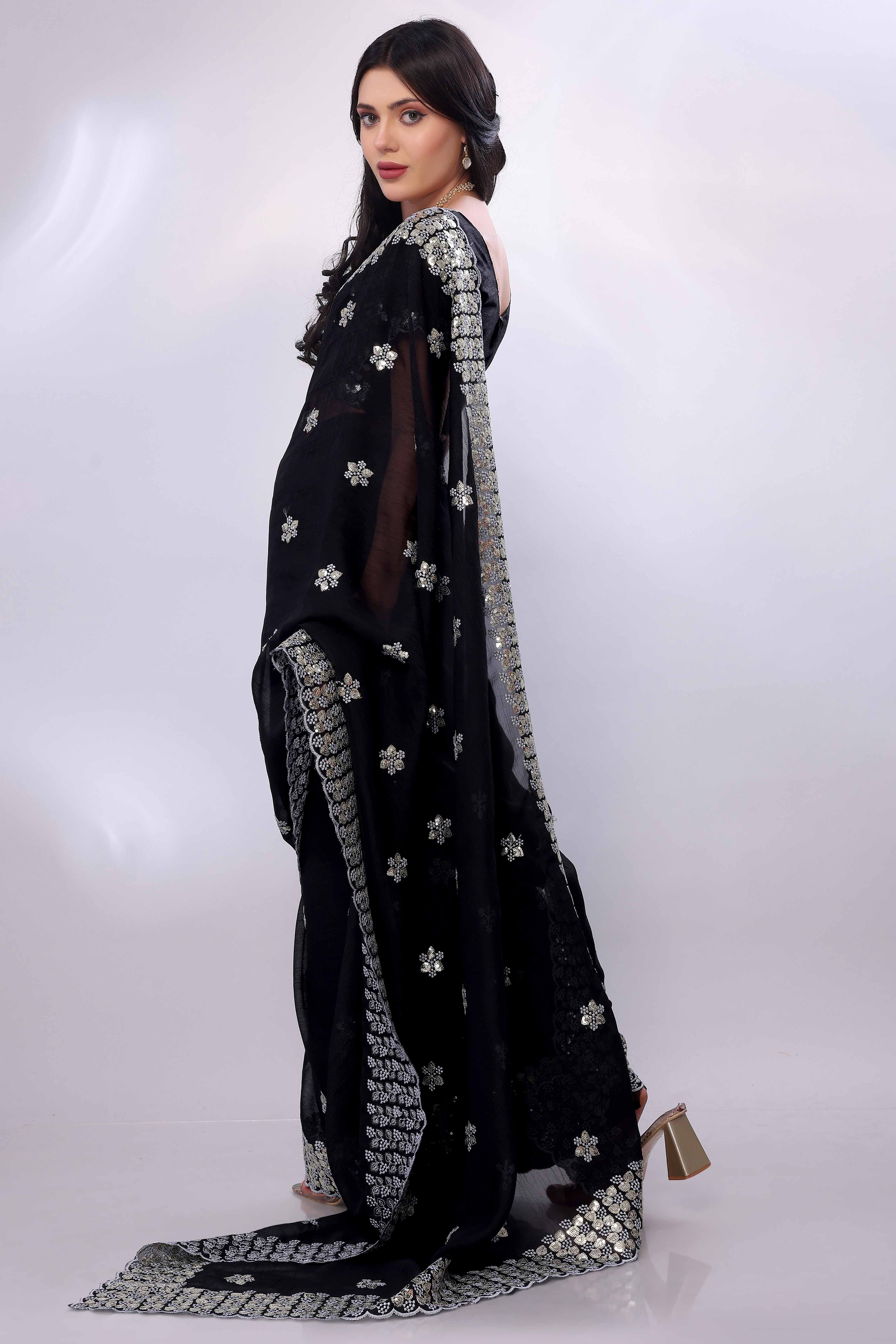 Black Crunchy Organza Silk Saree Adorned With Intricate Floral Sequins Embroidery