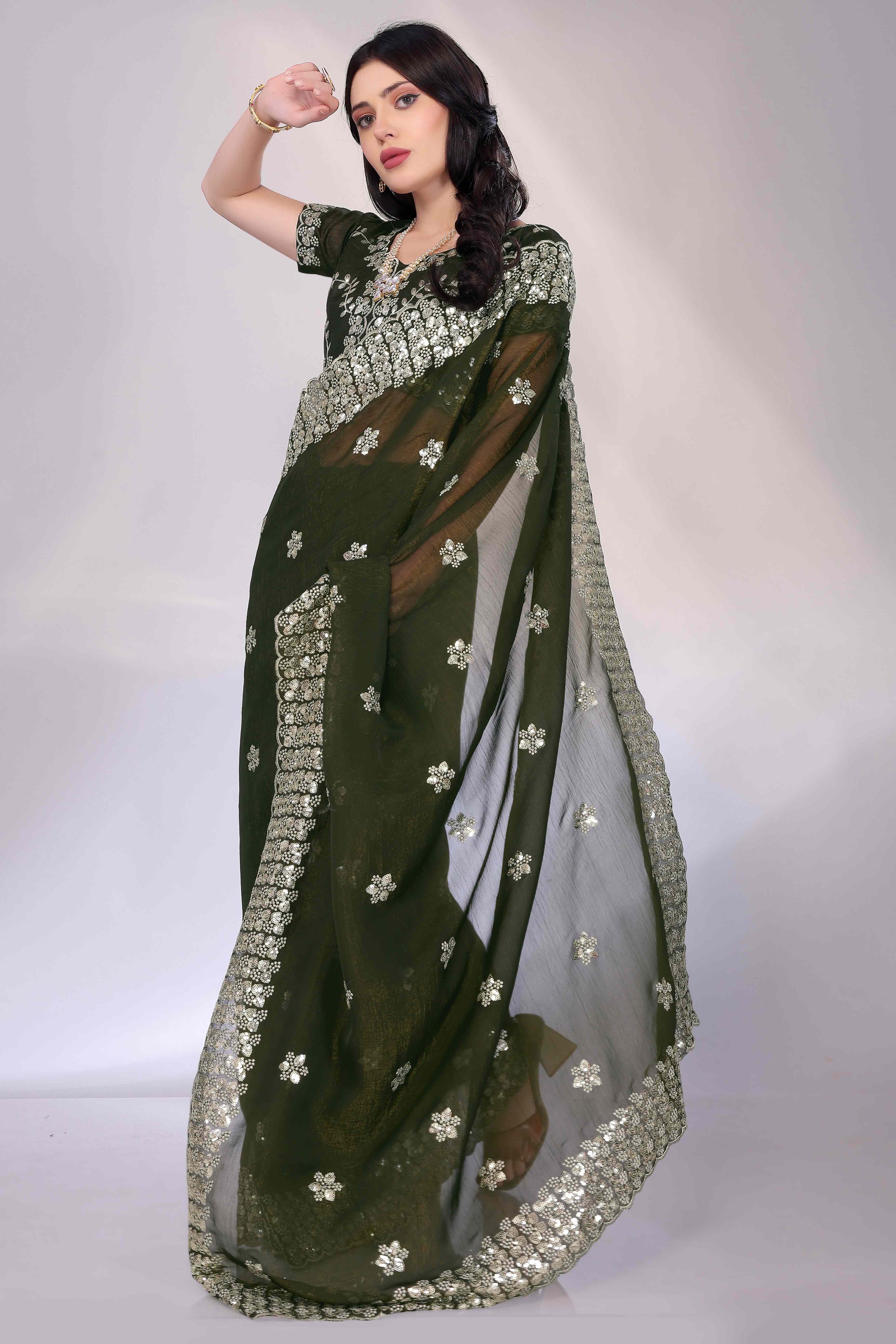 Green Crunchy Organza Silk Saree Adorned With Intricate Floral Sequins Embroidery