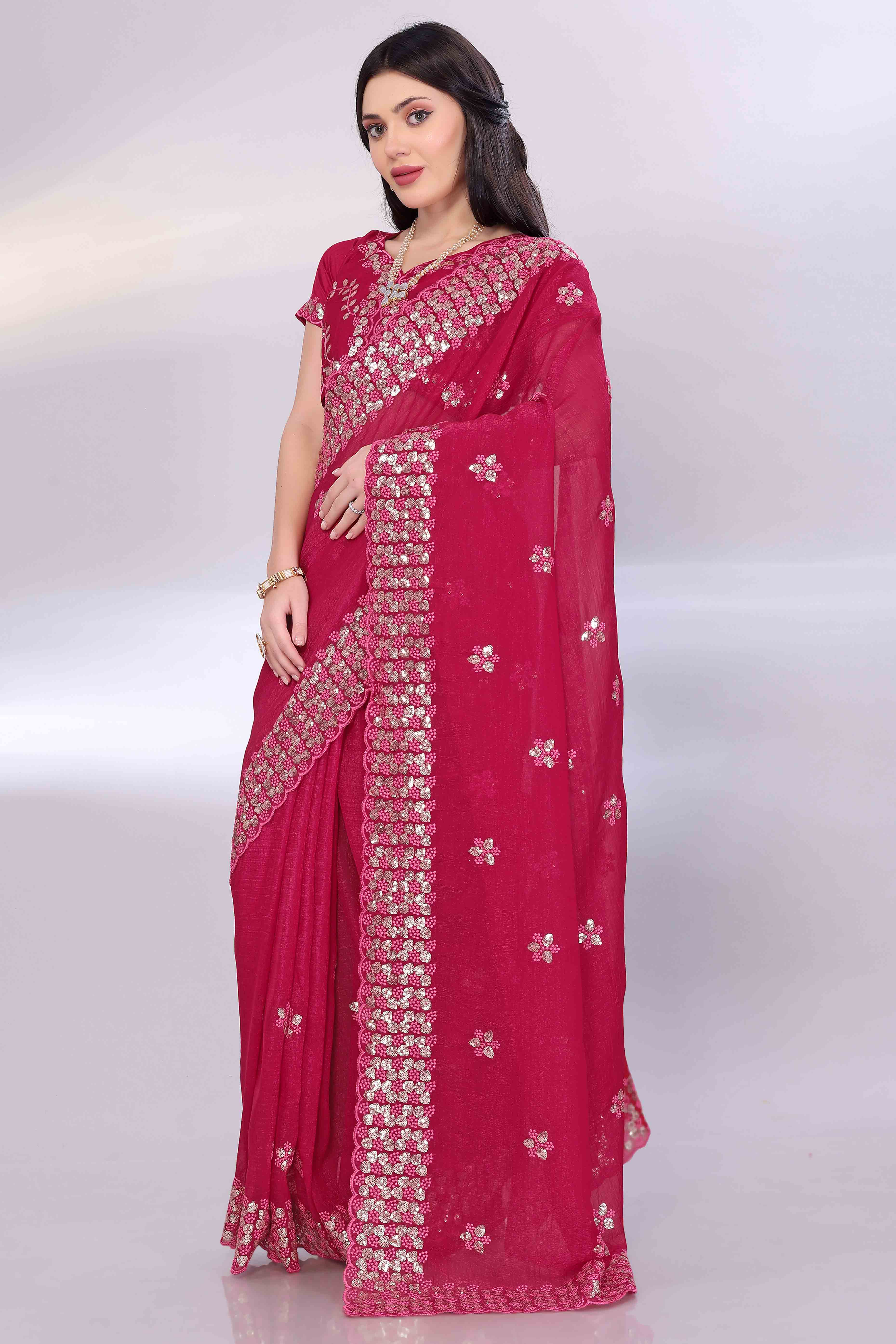 Rani Pink Crunchy Organza Silk Saree Adorned With Intricate Floral Sequins Embroidery