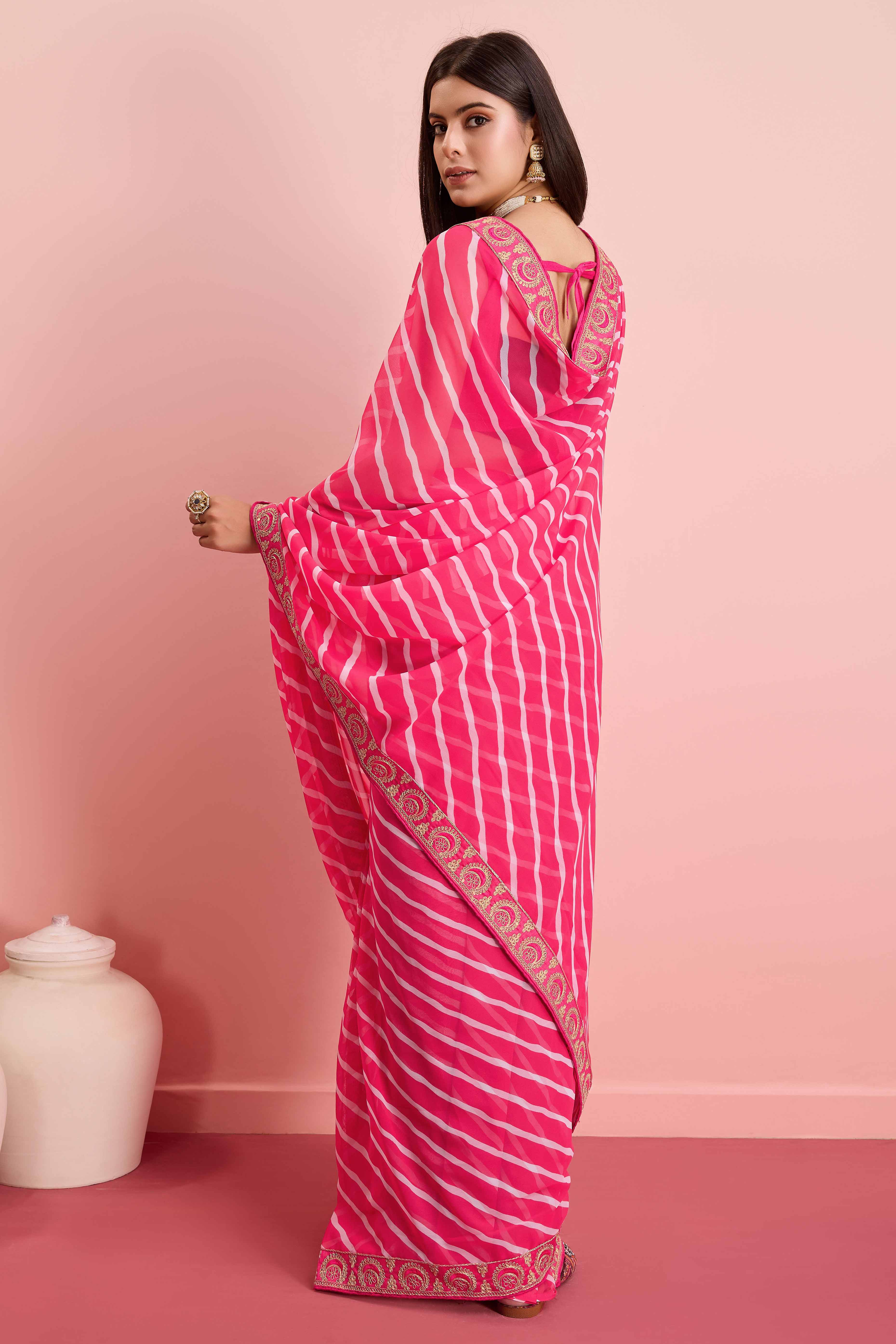 Elegant Pink Leheriya Printed Saree in Flowing Georgette