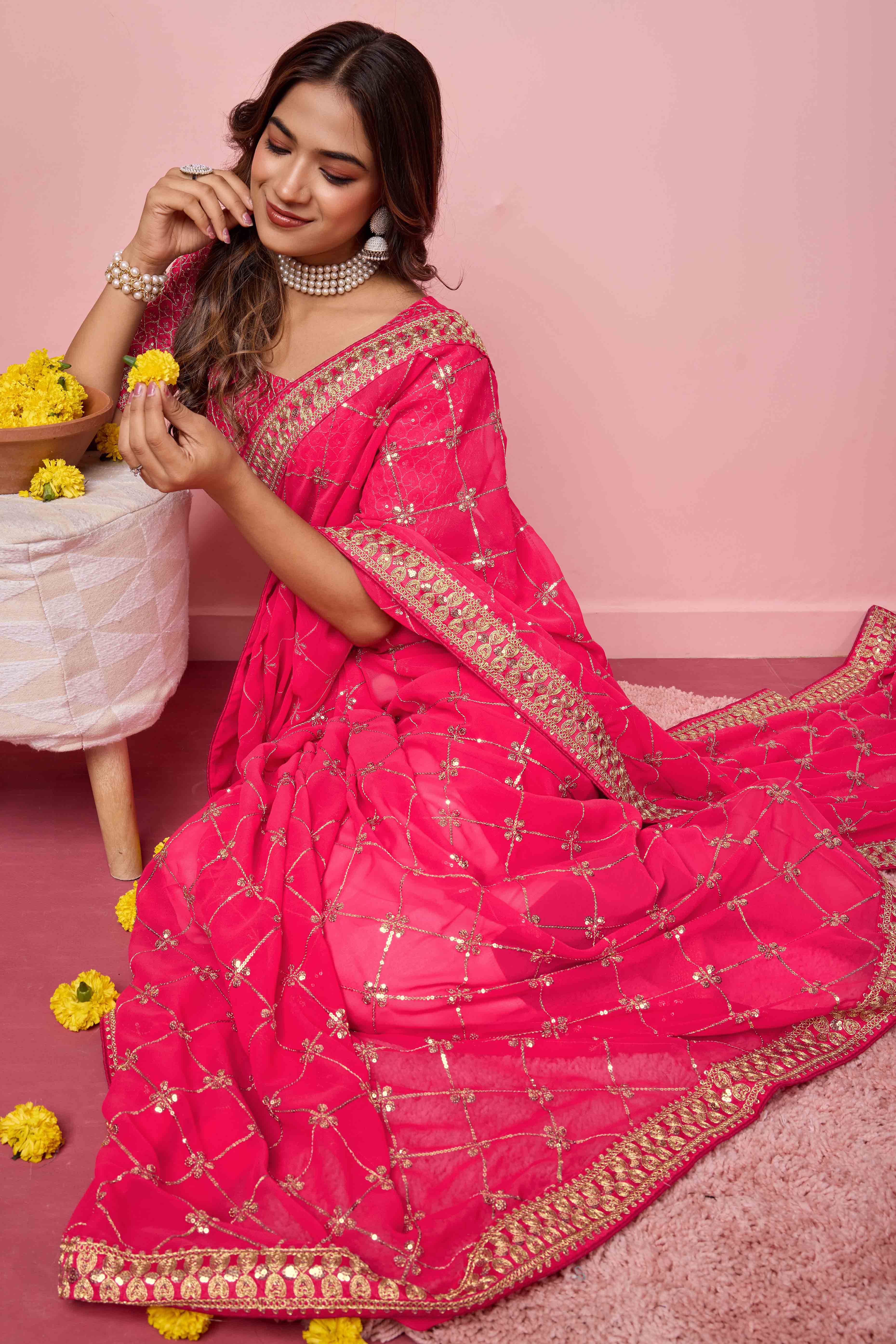 Pink Sequins Embroidered Georgette Saree