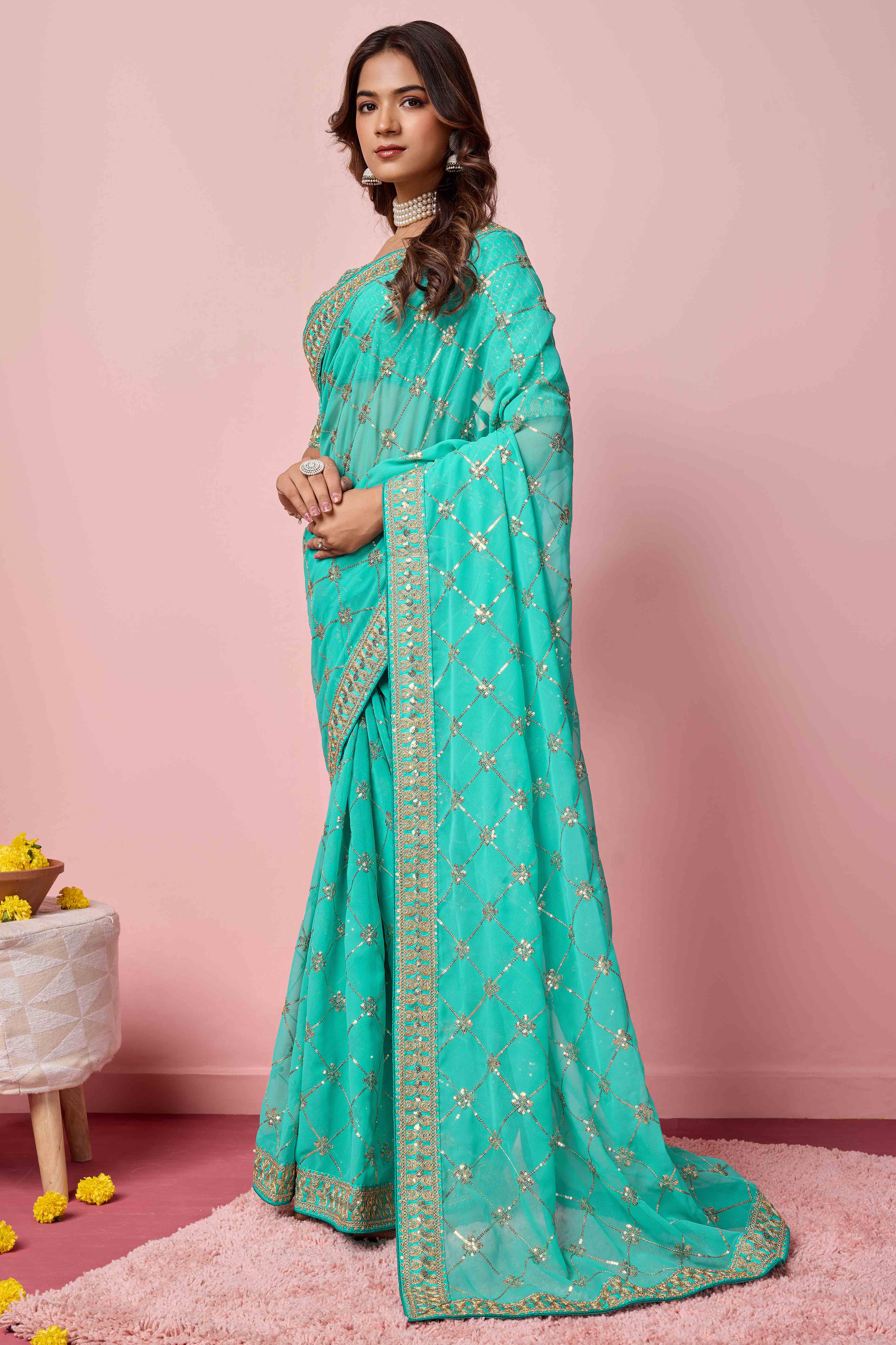 Turquoise Sequins Embroidered Georgette Saree