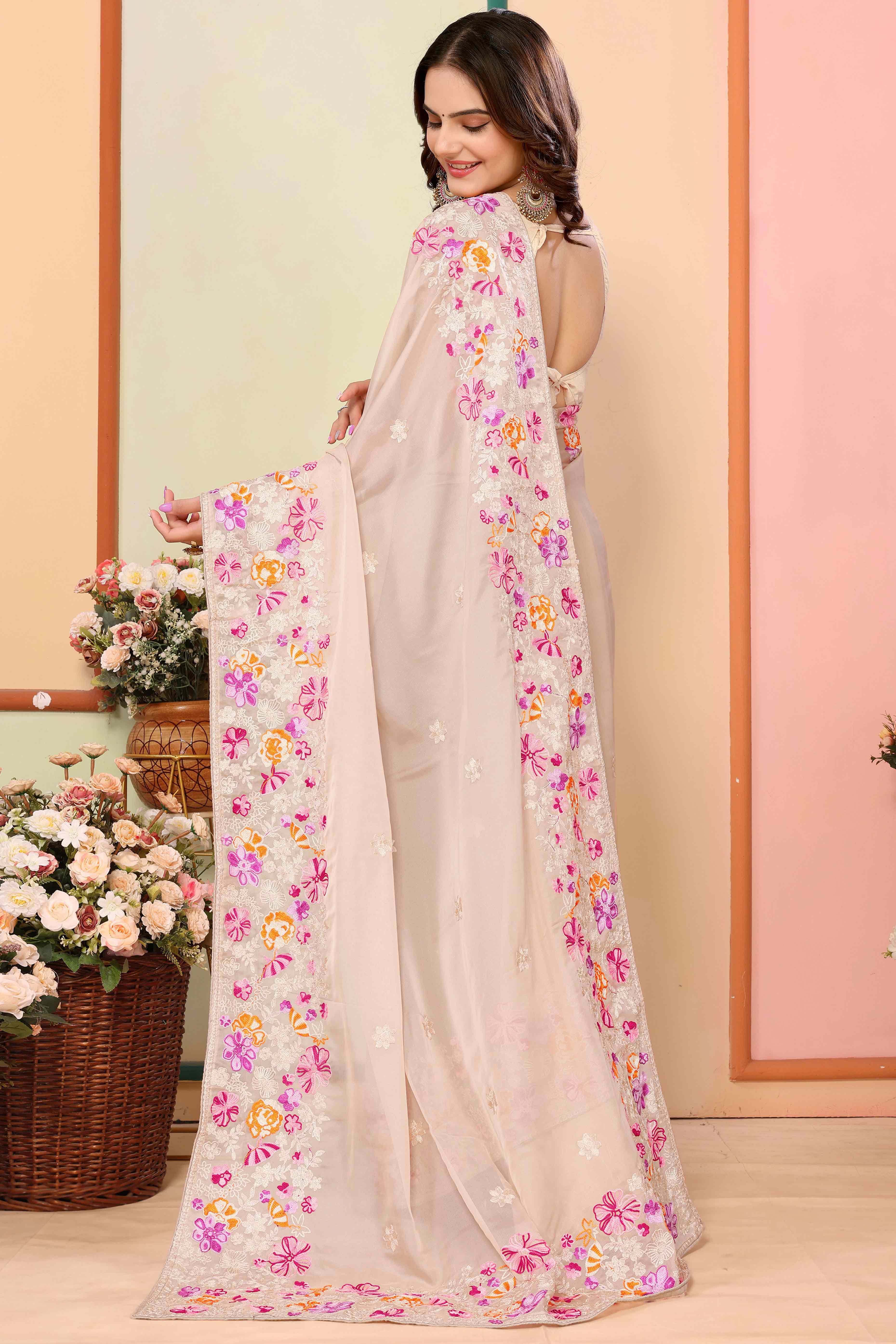 Beige Floral Embroidered Organza Saree