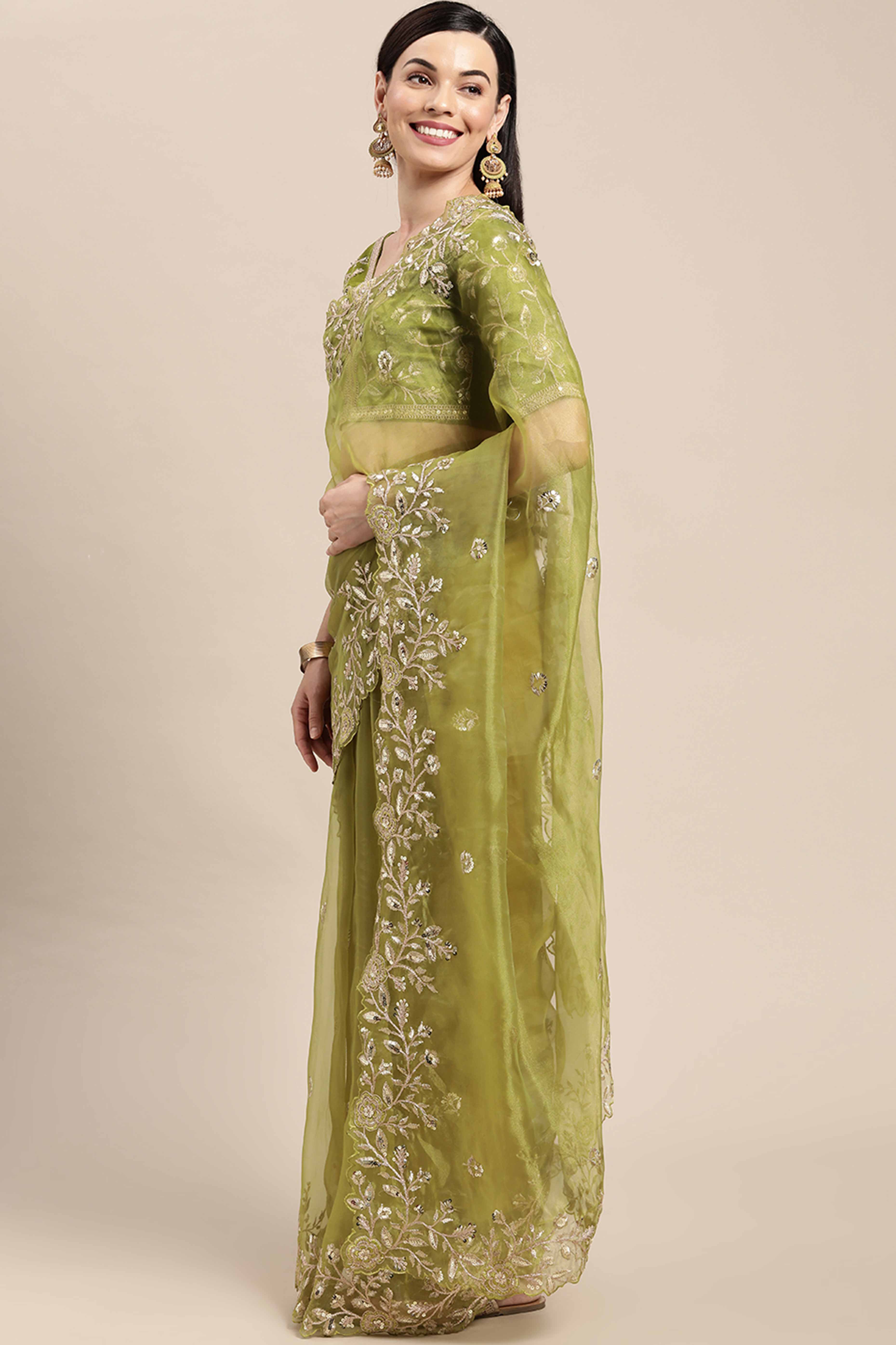 Organza Partywear Saree in Mehendi Green with Floral Embroidery