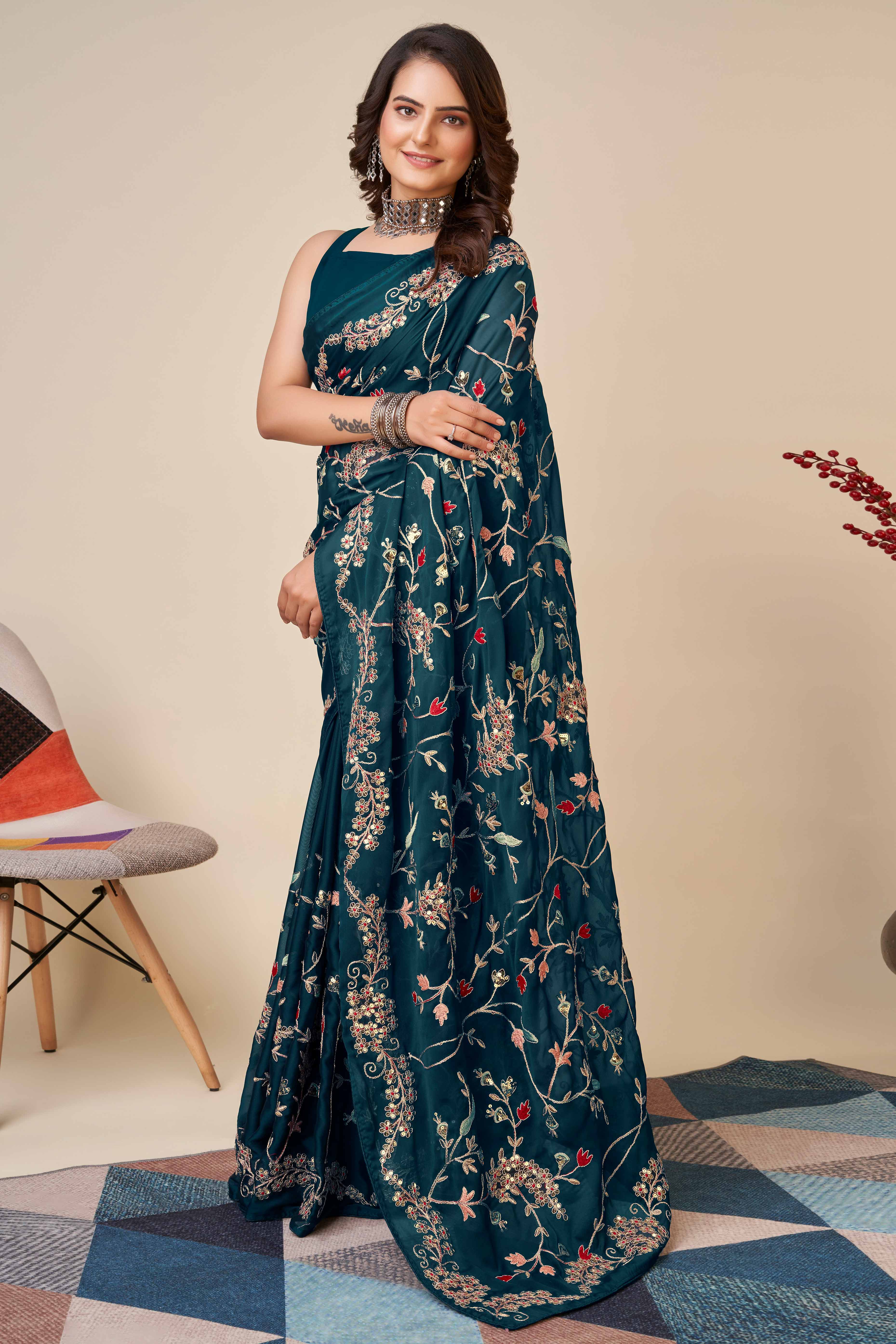 Teal Rangoli Art Silk Saree Featuring Intricate Floral Cording Embroidery & Sparkling Sequin Work