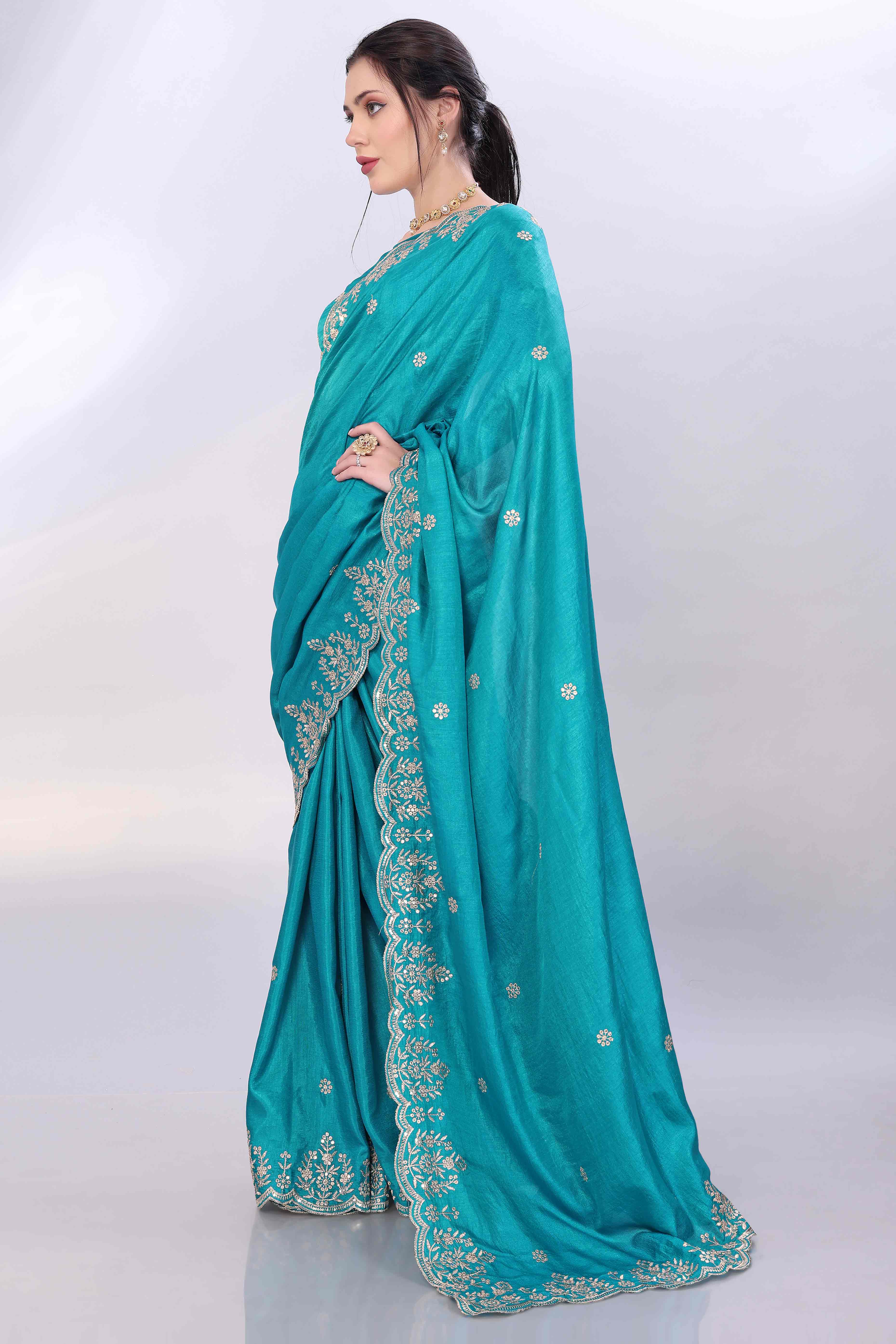 Turquoise Zari Embroidered Saree In Vichitra Silk With Shimmering Floral Sequins Work