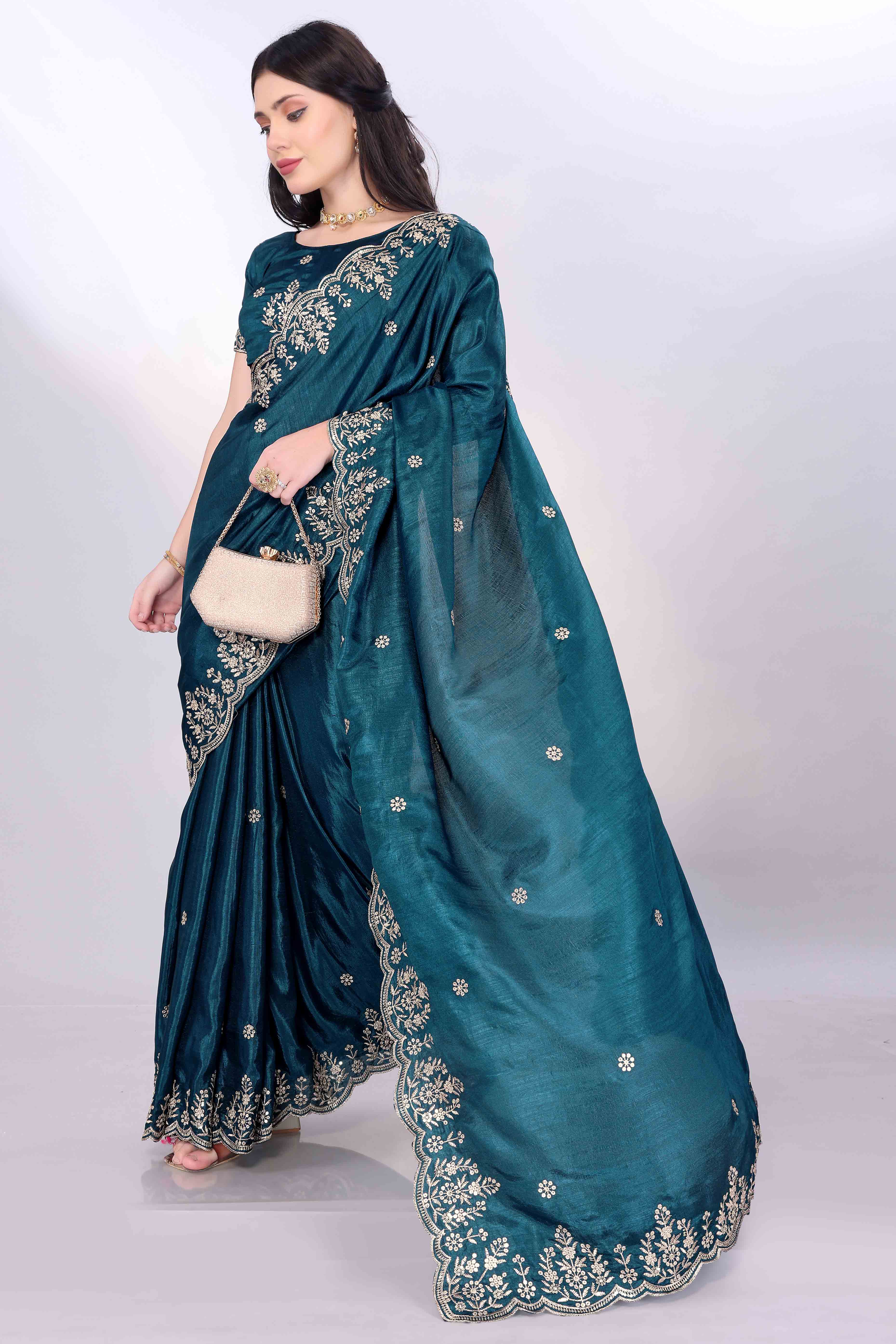 Morpich Blue Zari Embroidered Saree In Vichitra Silk With Shimmering Floral Sequins Work