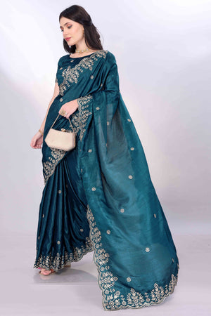 Morpich Blue Zari Embroidered Saree In Vichitra Silk With Shimmering Floral Sequins Work