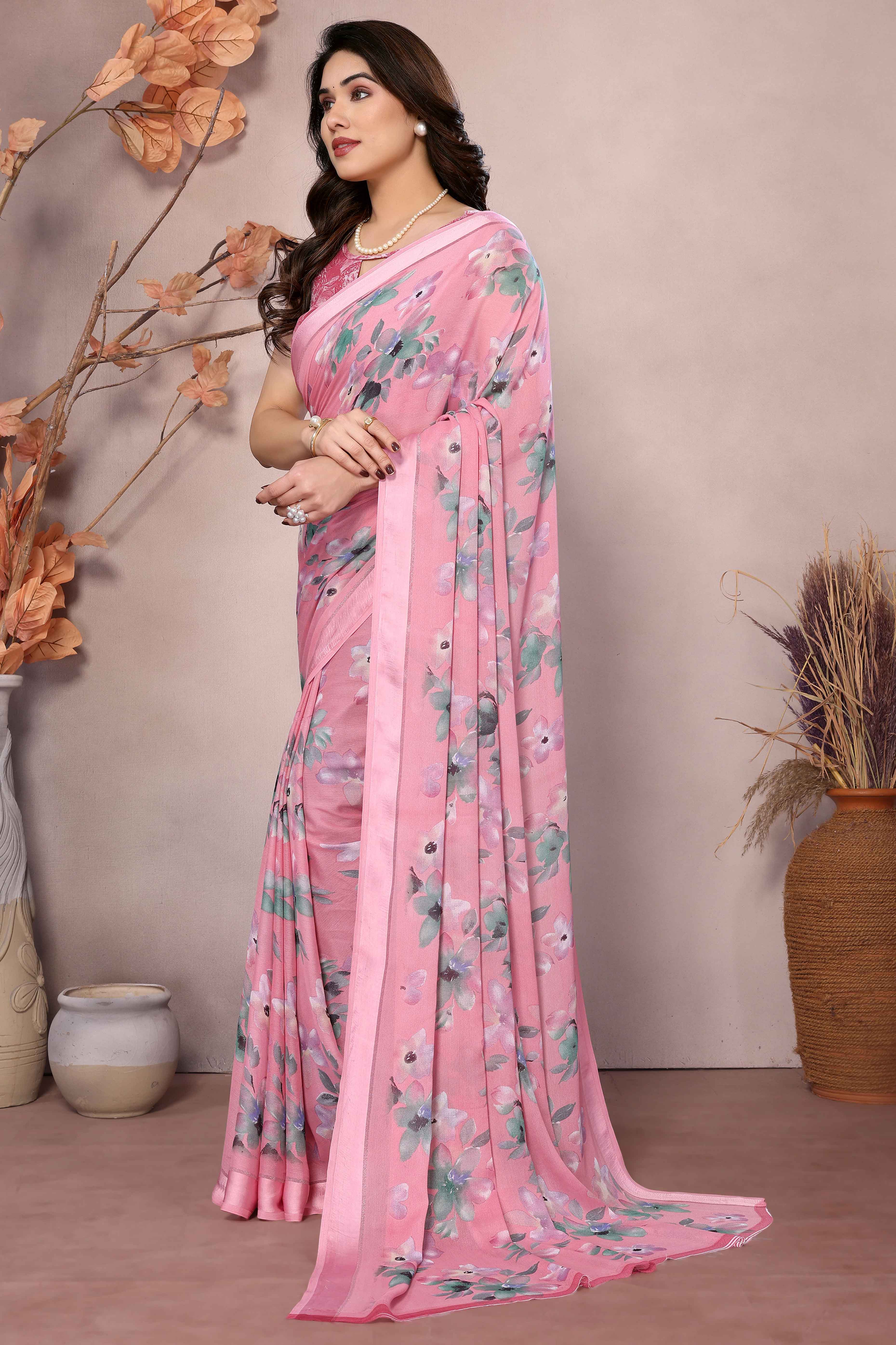Pink Floral Printed Moss Art Silk Saree
