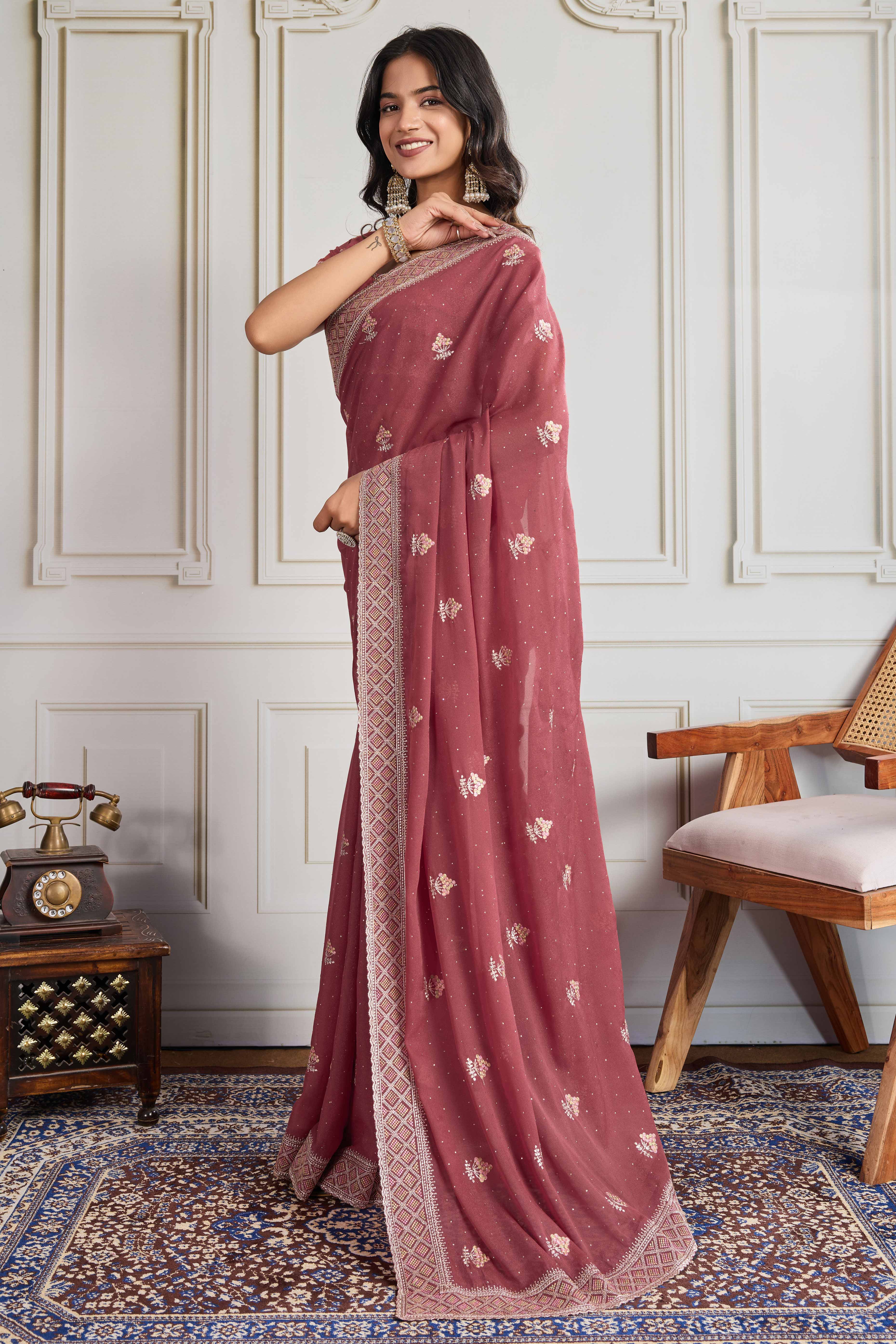 Mauve Georgette Saree Featuring Embroidered and Stone Work