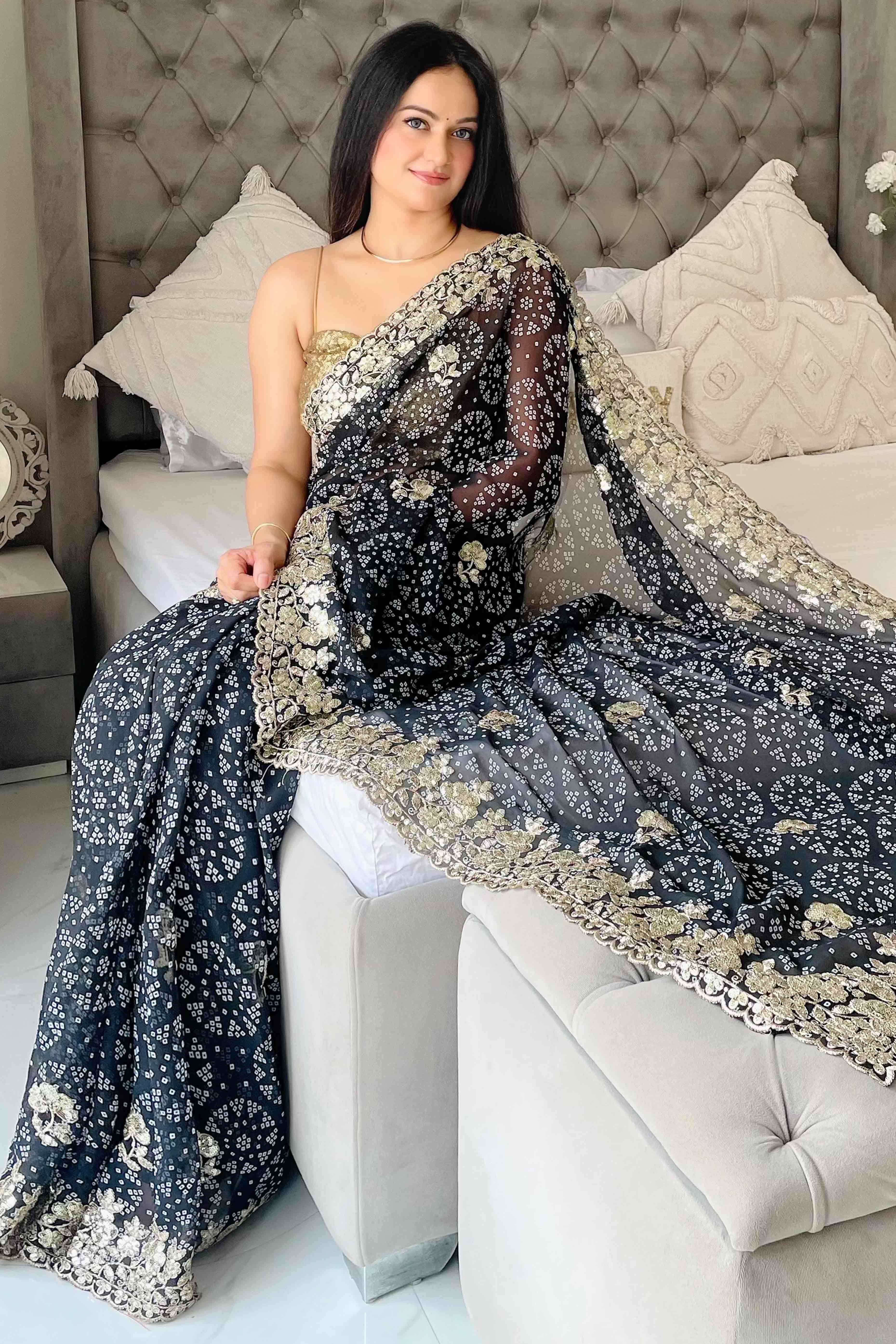 Dark Blue Bandhani Printed Georgette Saree With Dazzling Floral Sequin Embroidery