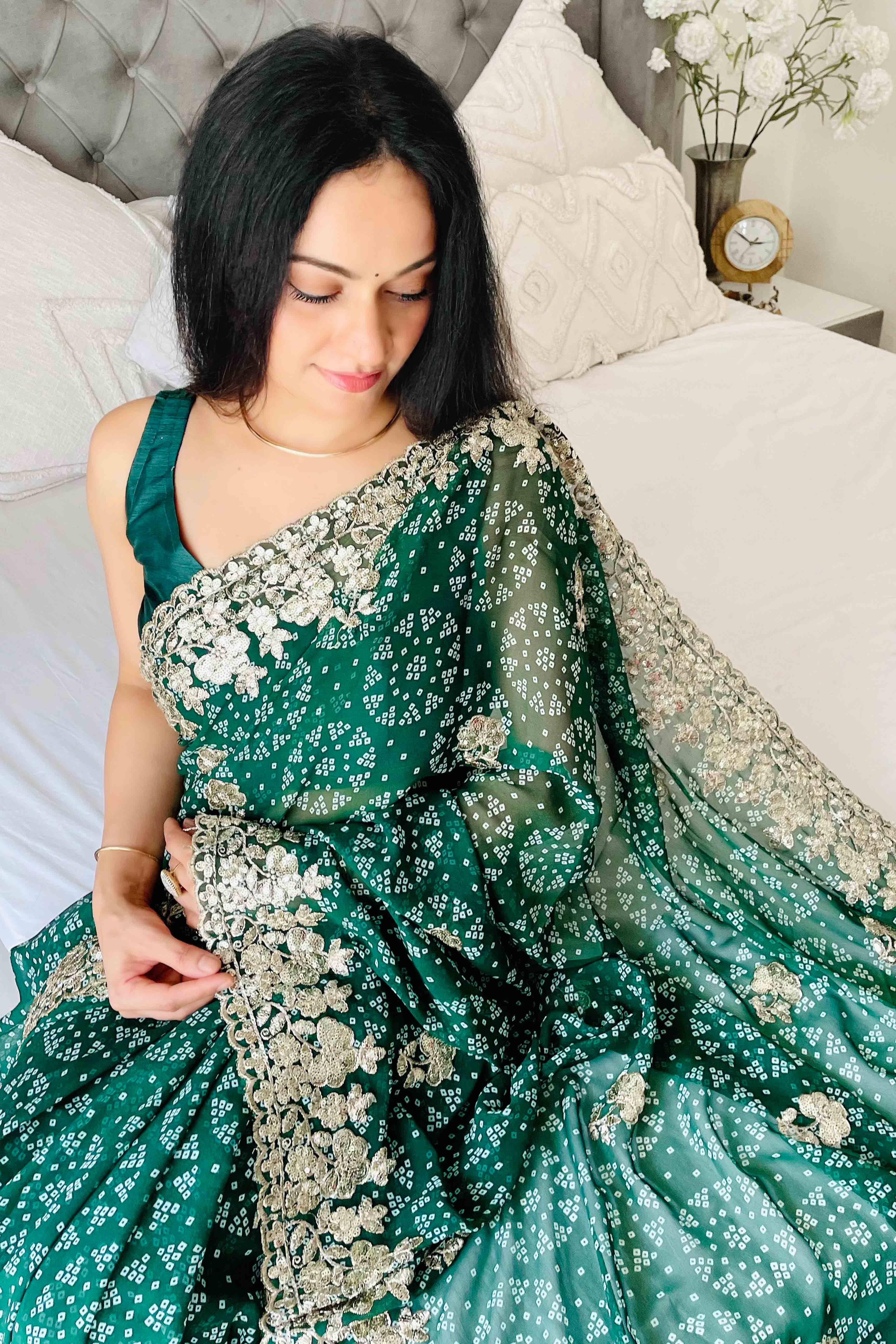 Green Bandhani Printed Georgette Saree With Dazzling Floral Sequin Embroidery