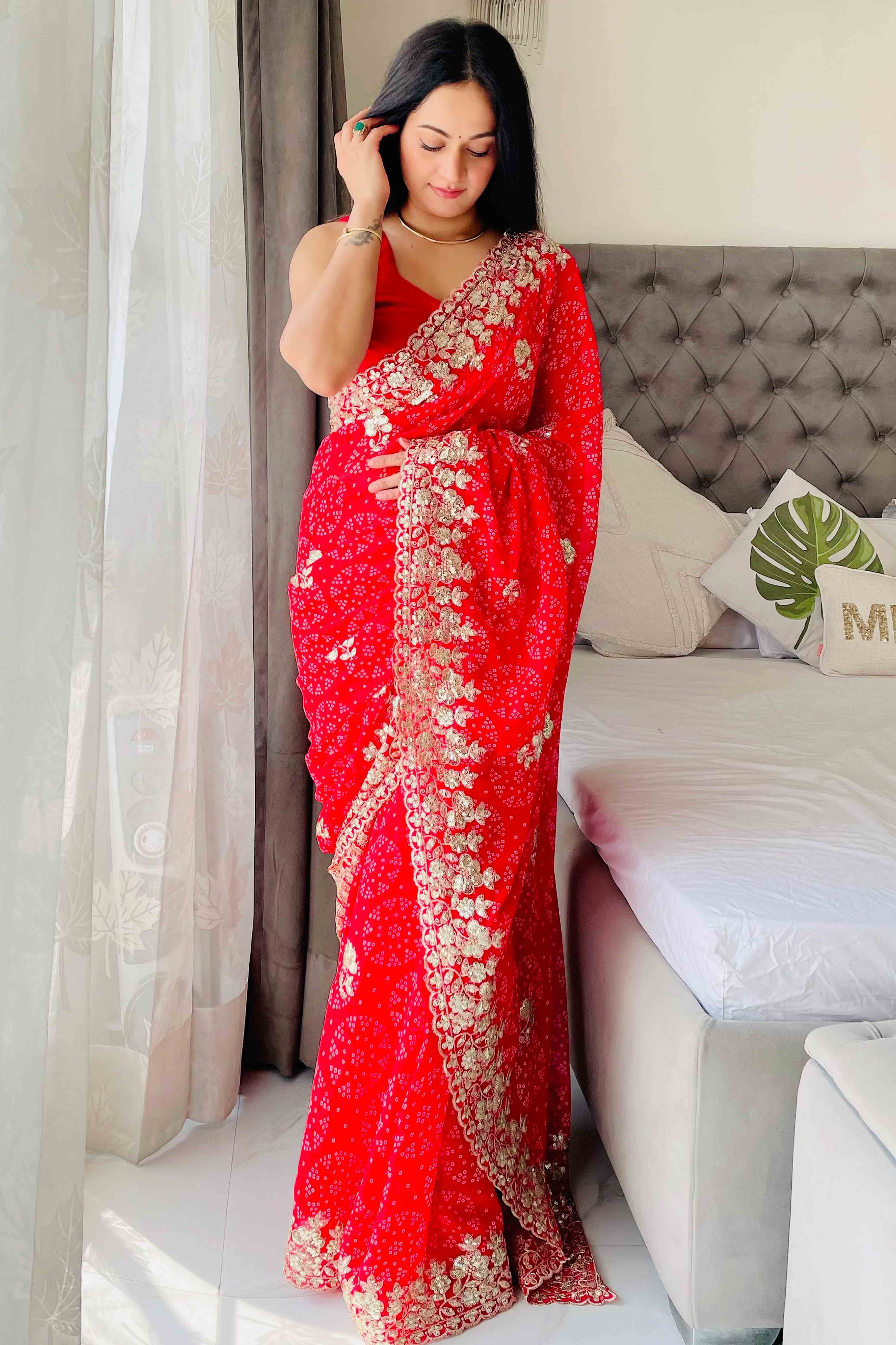 Red Bandhani Printed Georgette Saree With Dazzling Floral Sequin Embroidery