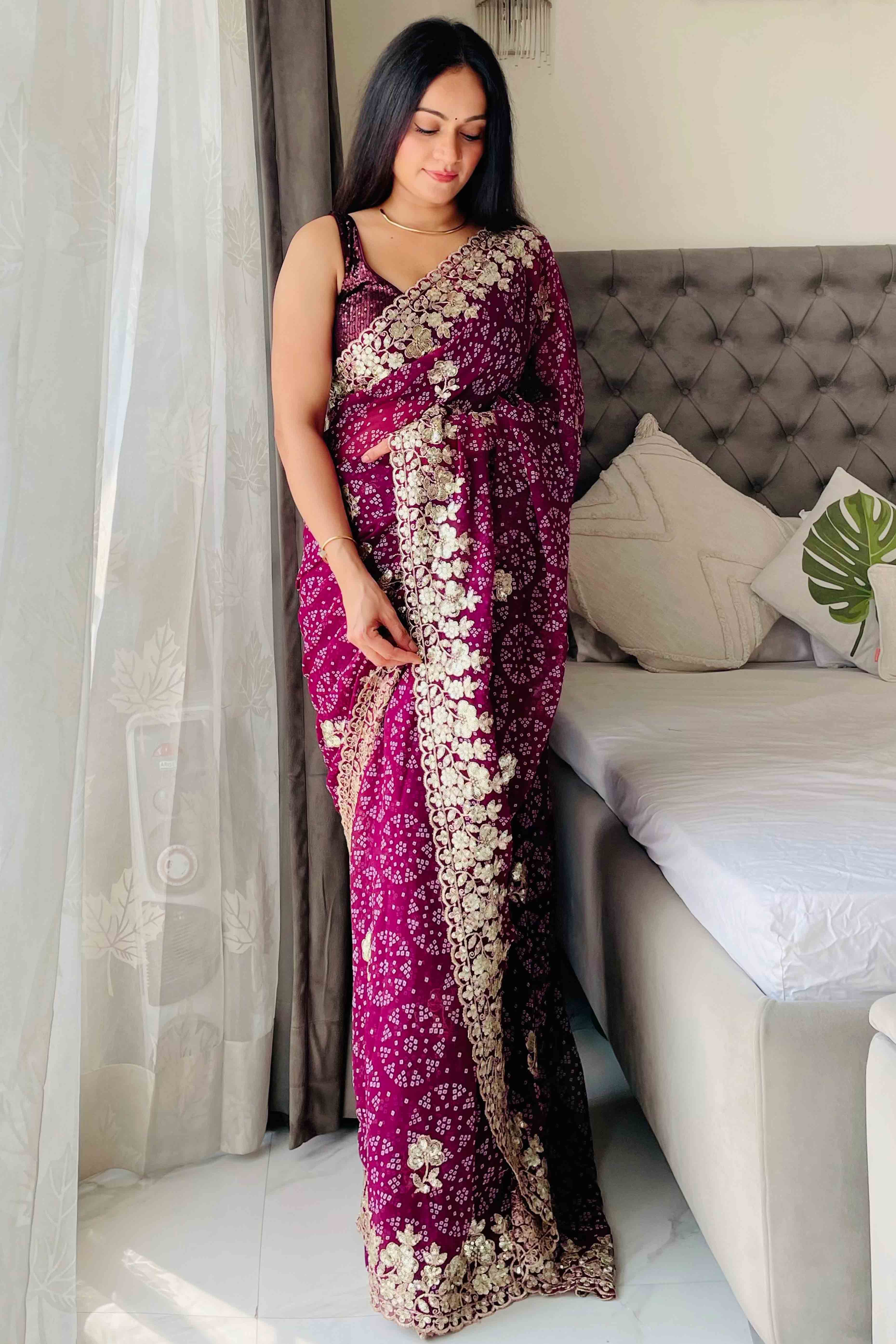 Deep Magenta Bandhani Printed Georgette Saree With Dazzling Floral Sequin Embroidery