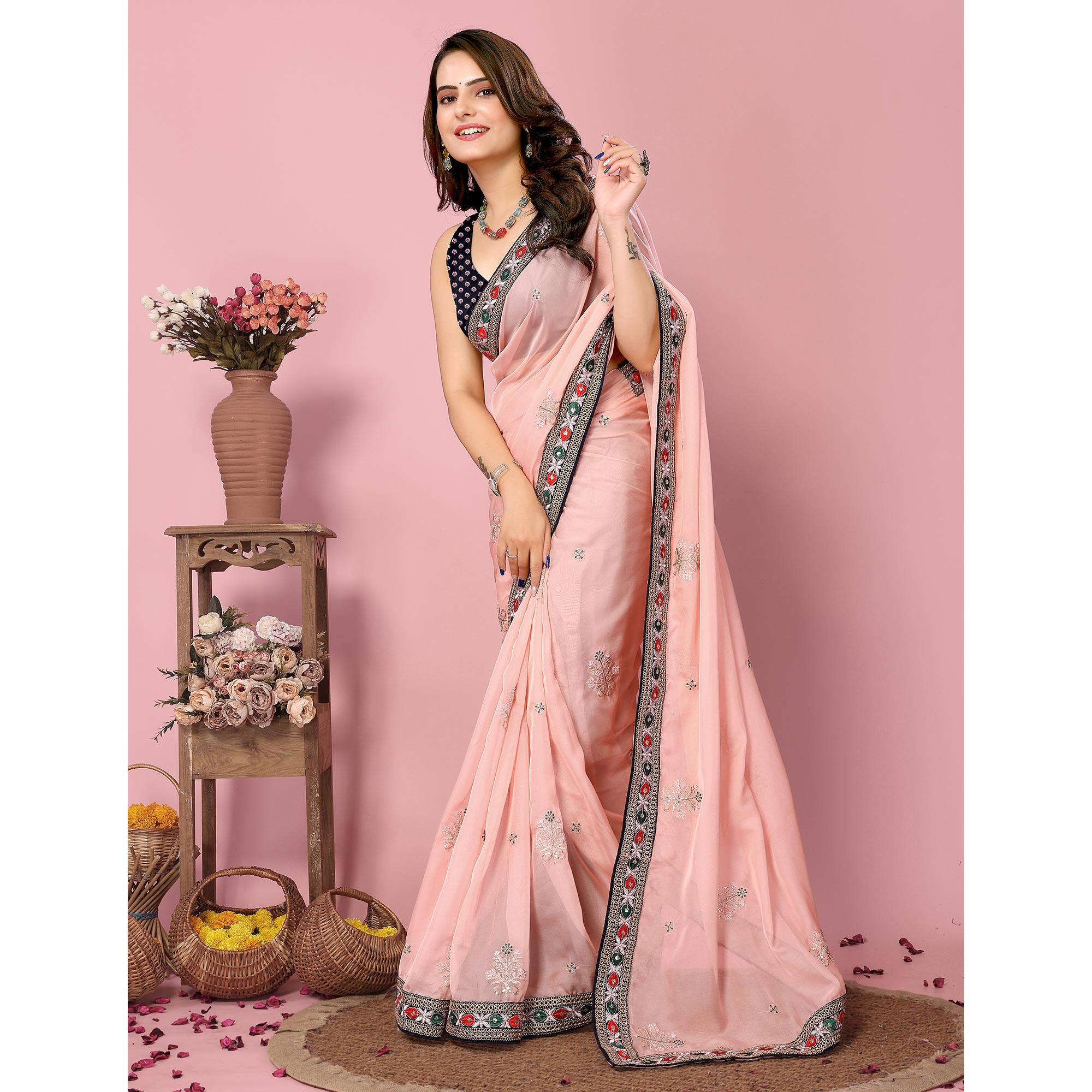 Peach Floral Sequins Embroidered Organza Saree