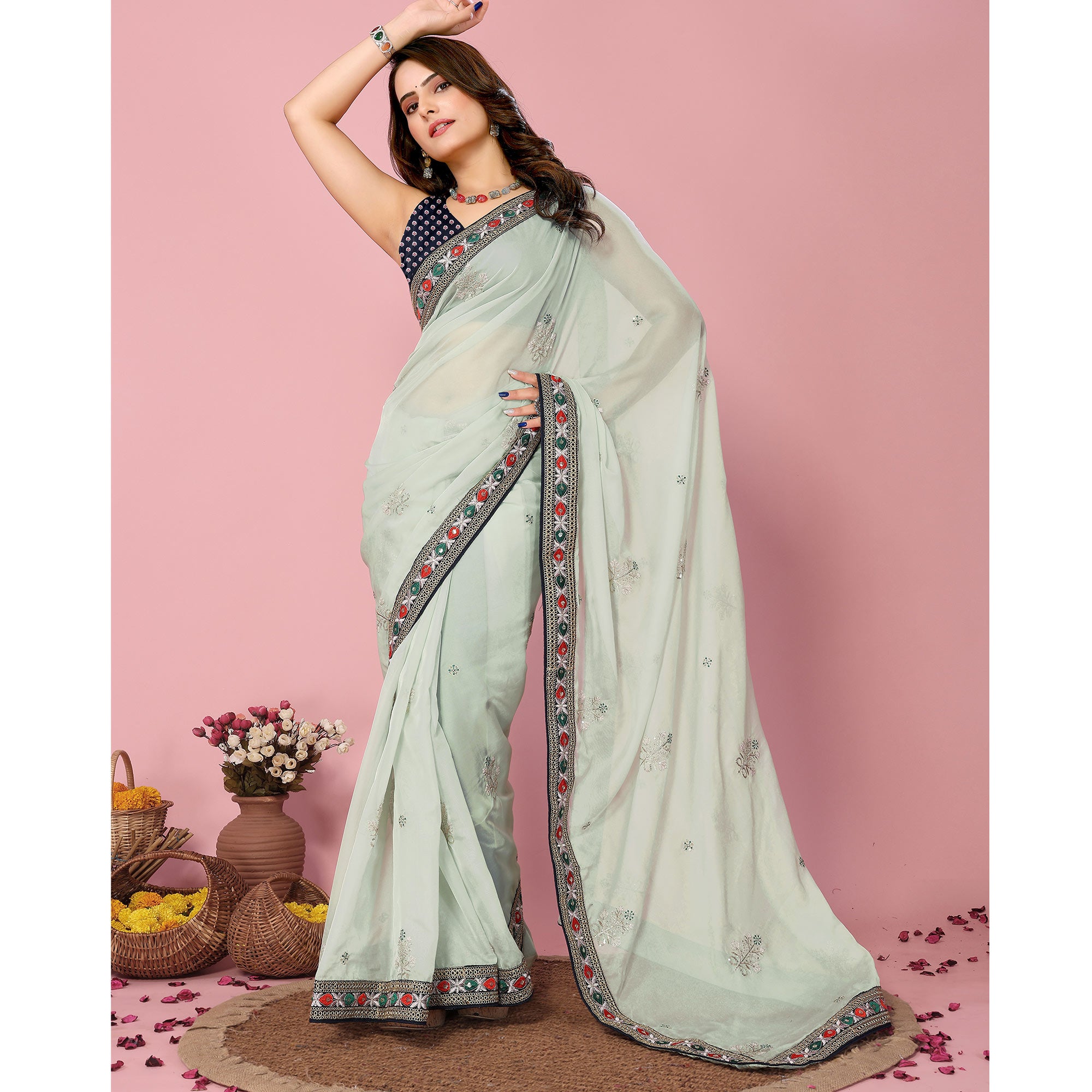 Sea Green Floral Sequins Embroidered Organza Saree