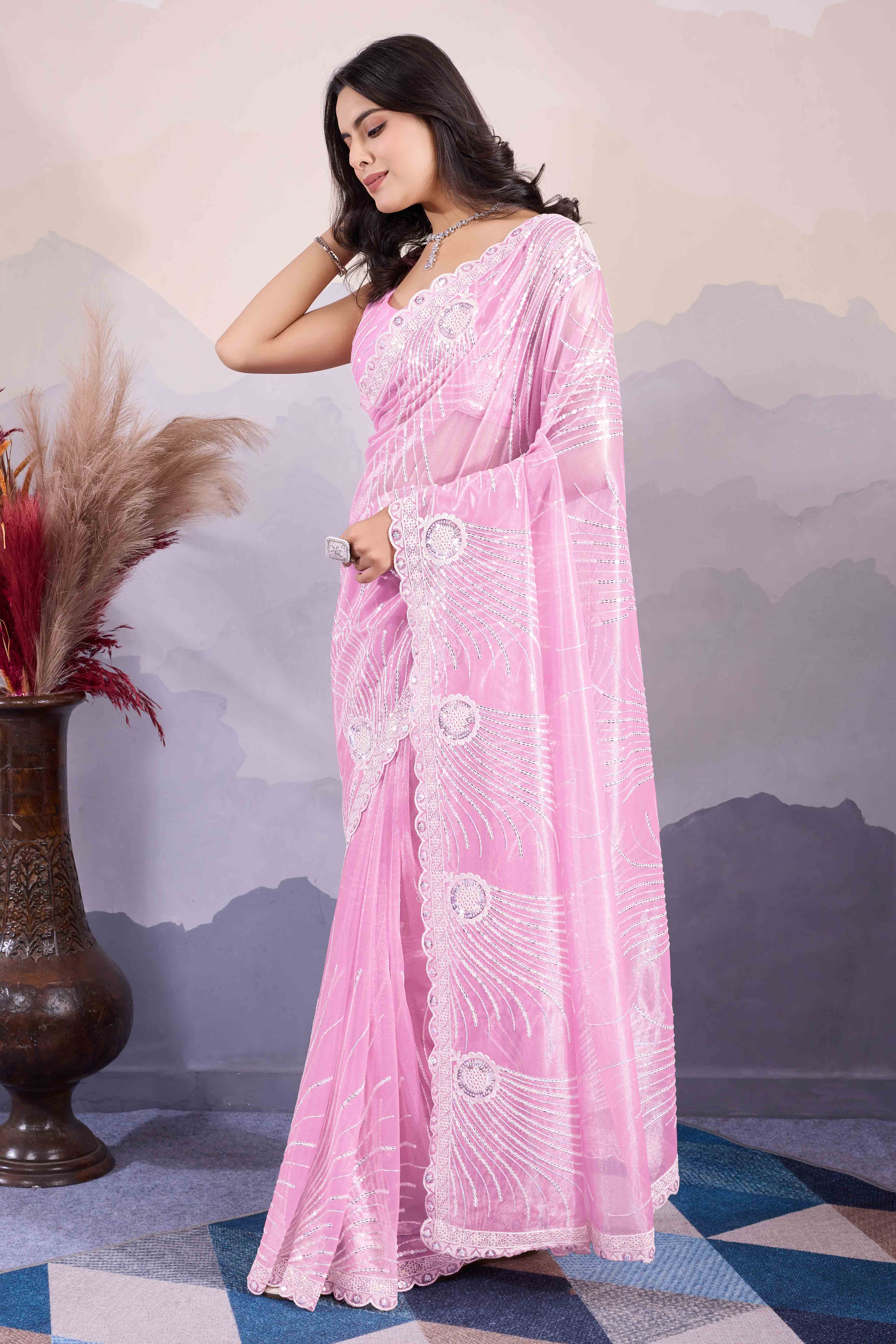 Pink Sequins Embroidered Twill Net Saree