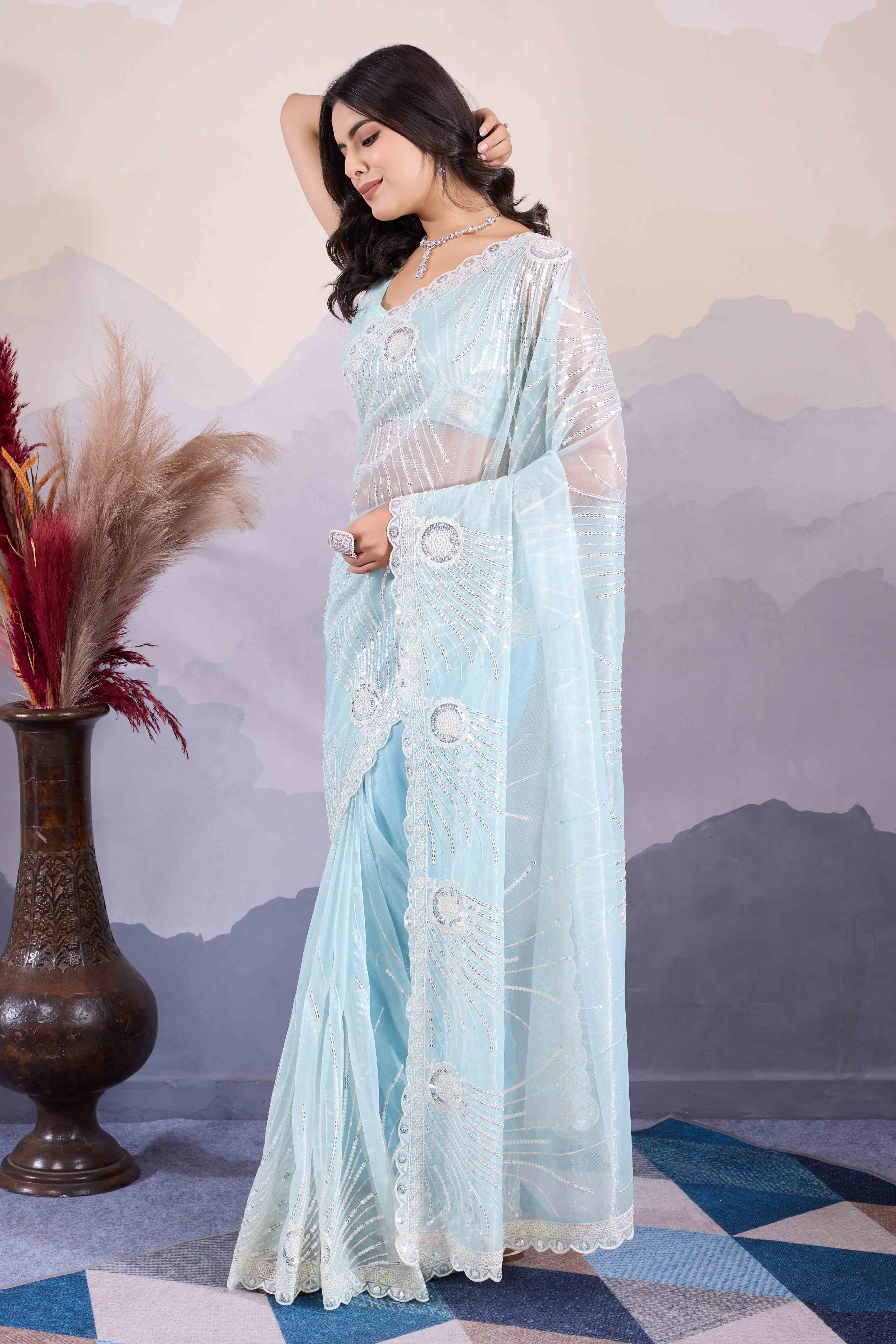 Blue Sequins Embroidered Twill Net Saree