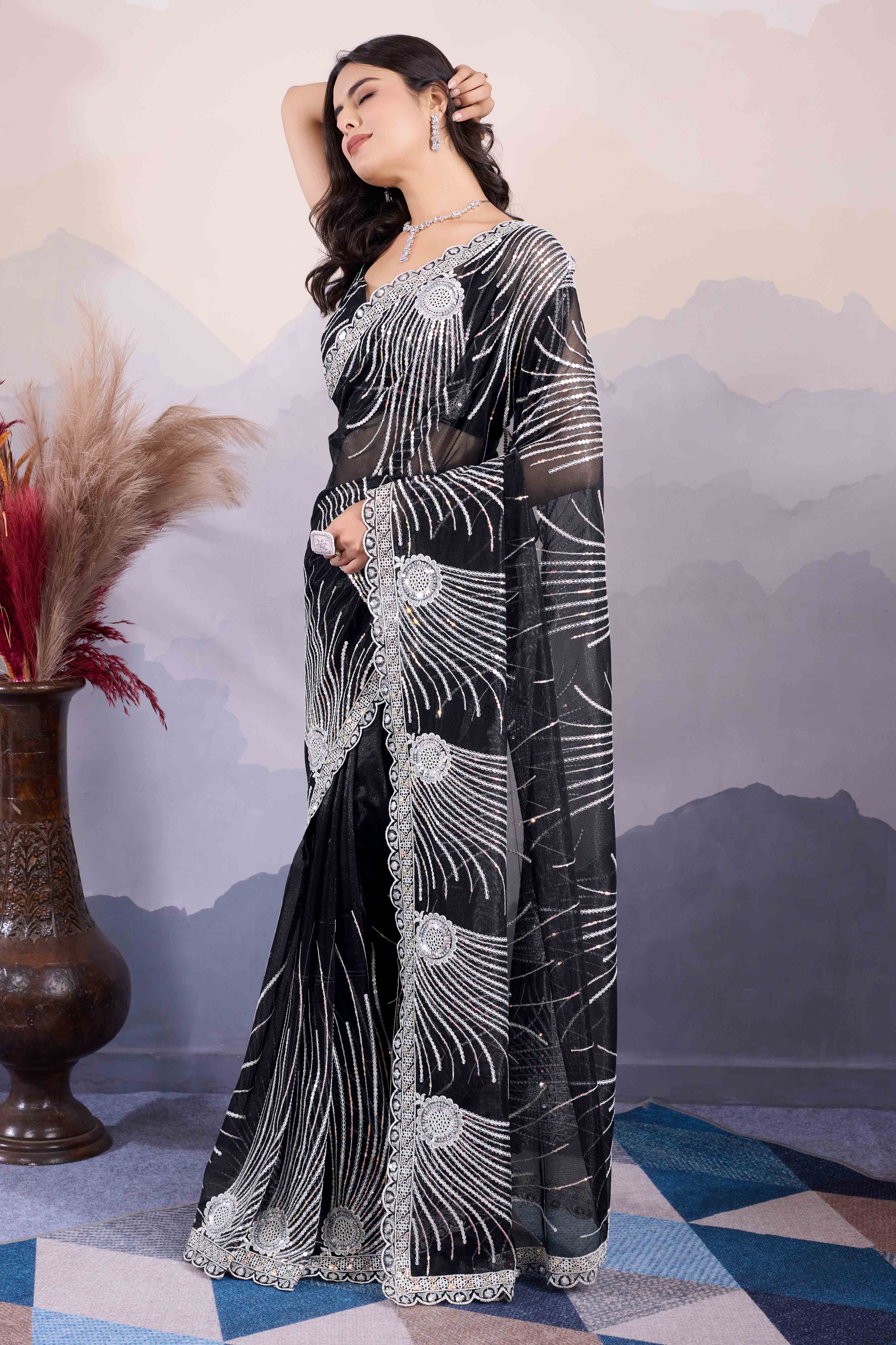 Black Sequins Embroidered Twill Net Saree