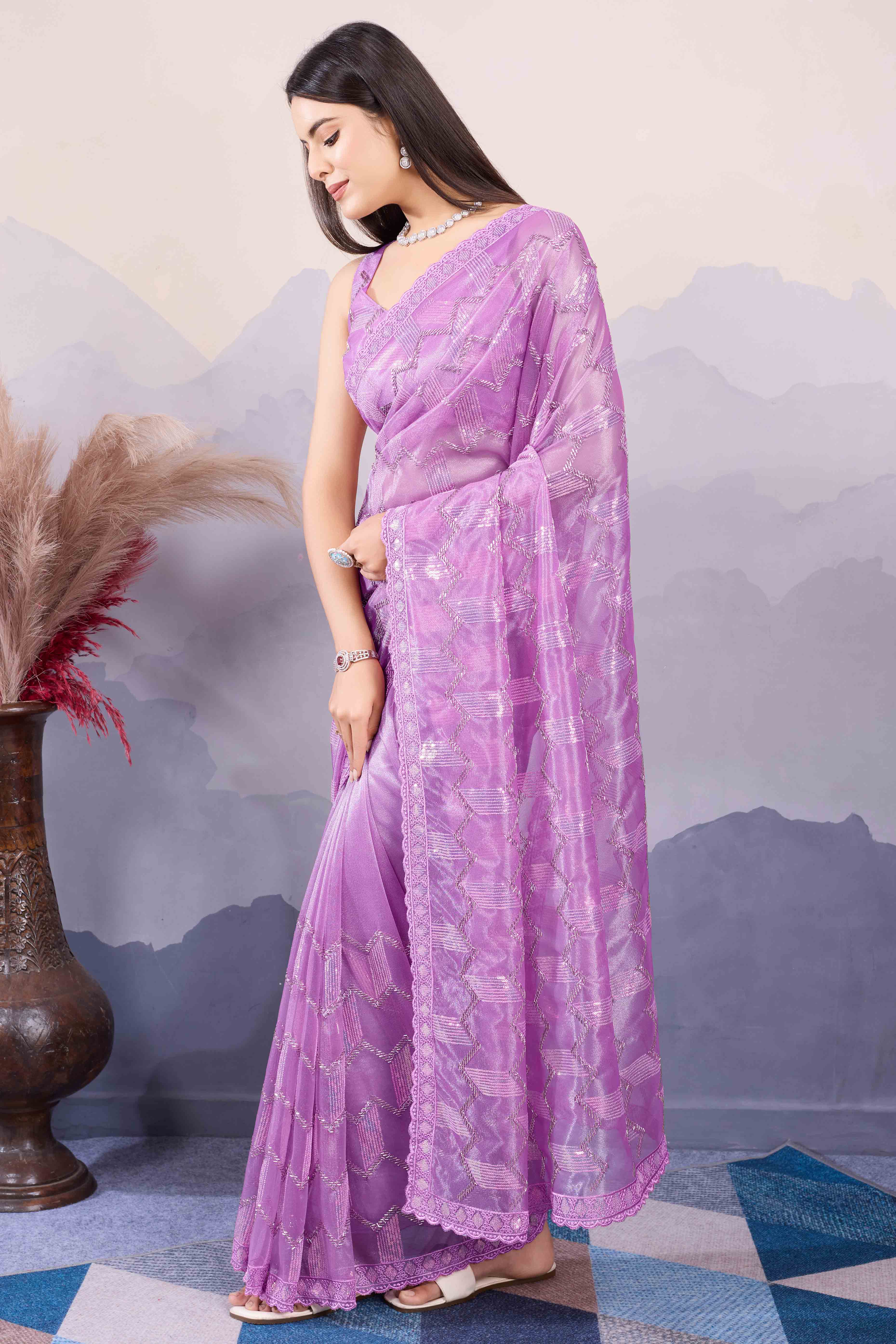 Purple Sequins Embroidered Twill Net Saree