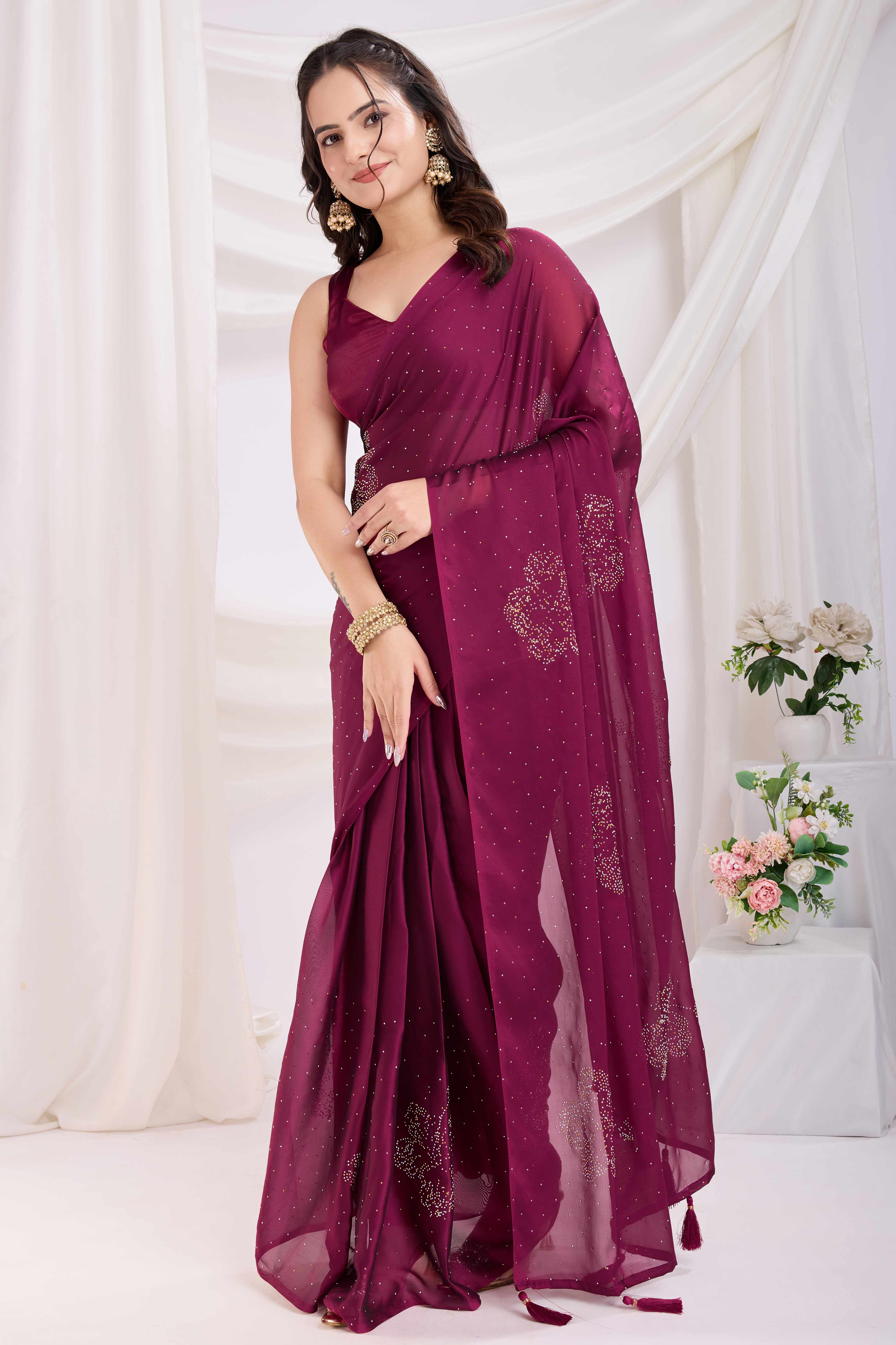 Wine Floral Swarovski Work Rangoli Art Silk Ready To Wear Saree