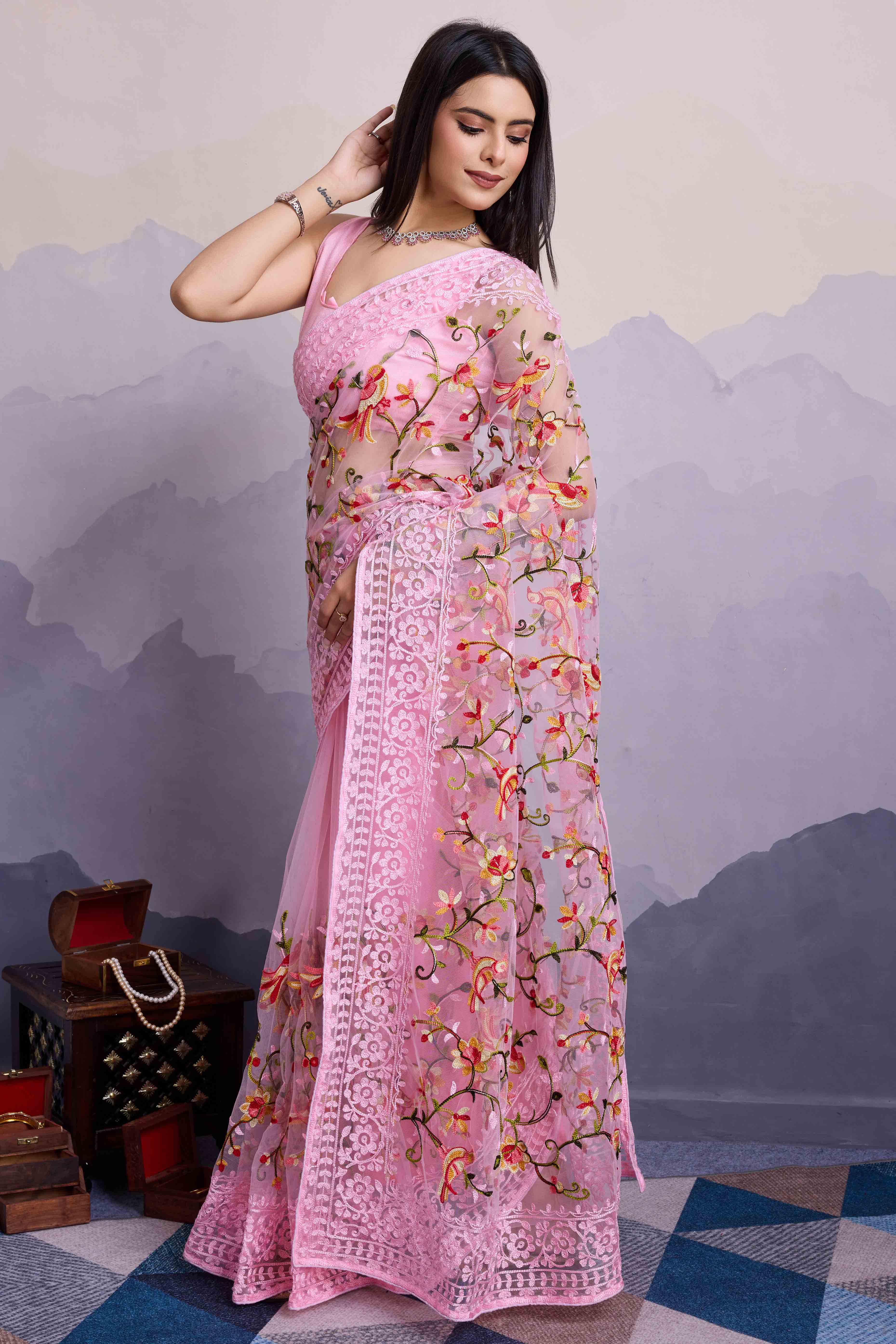 Pink Floral Embroidered Net Saree