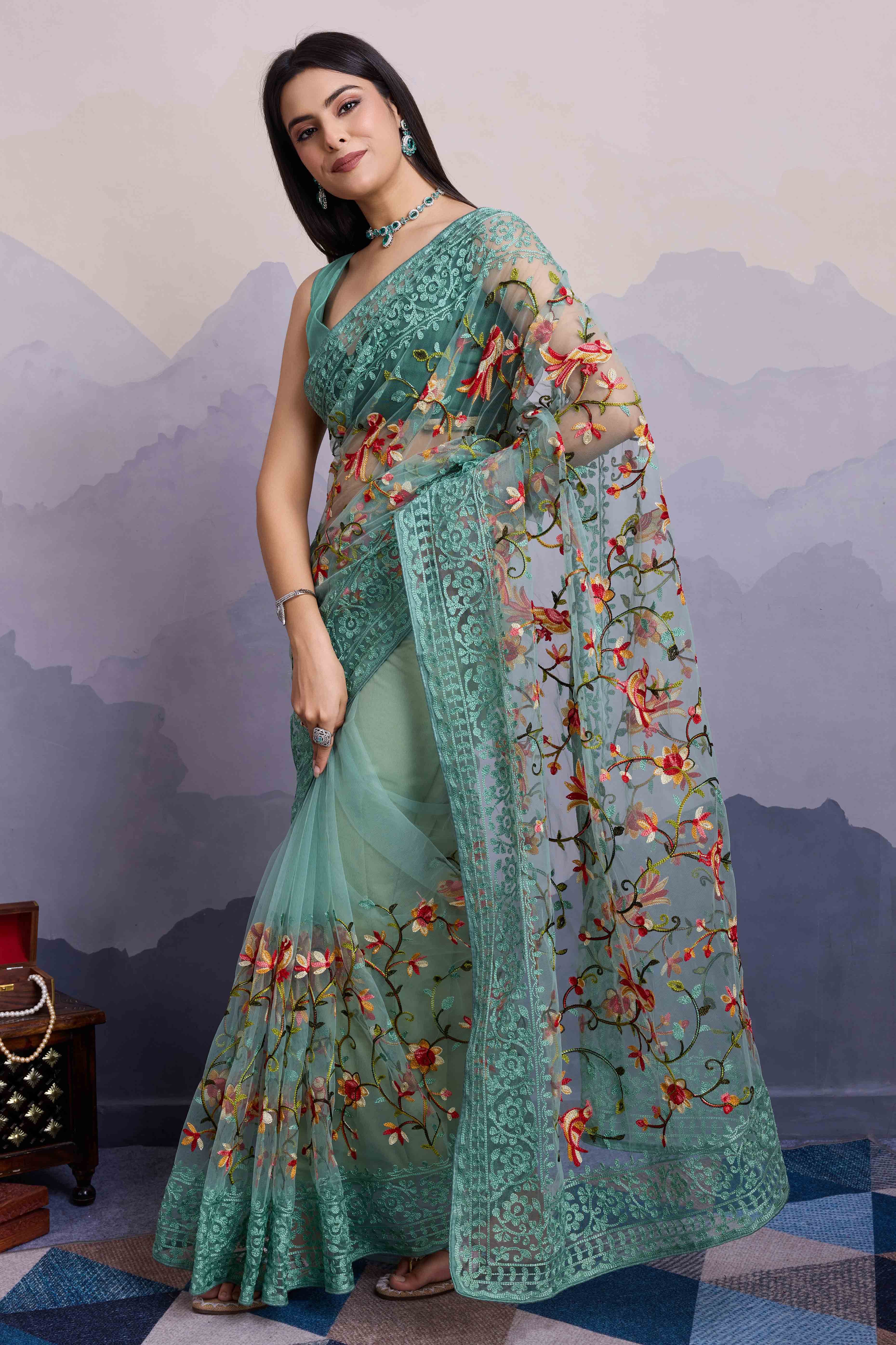 Sea Green Floral Embroidered Net Saree