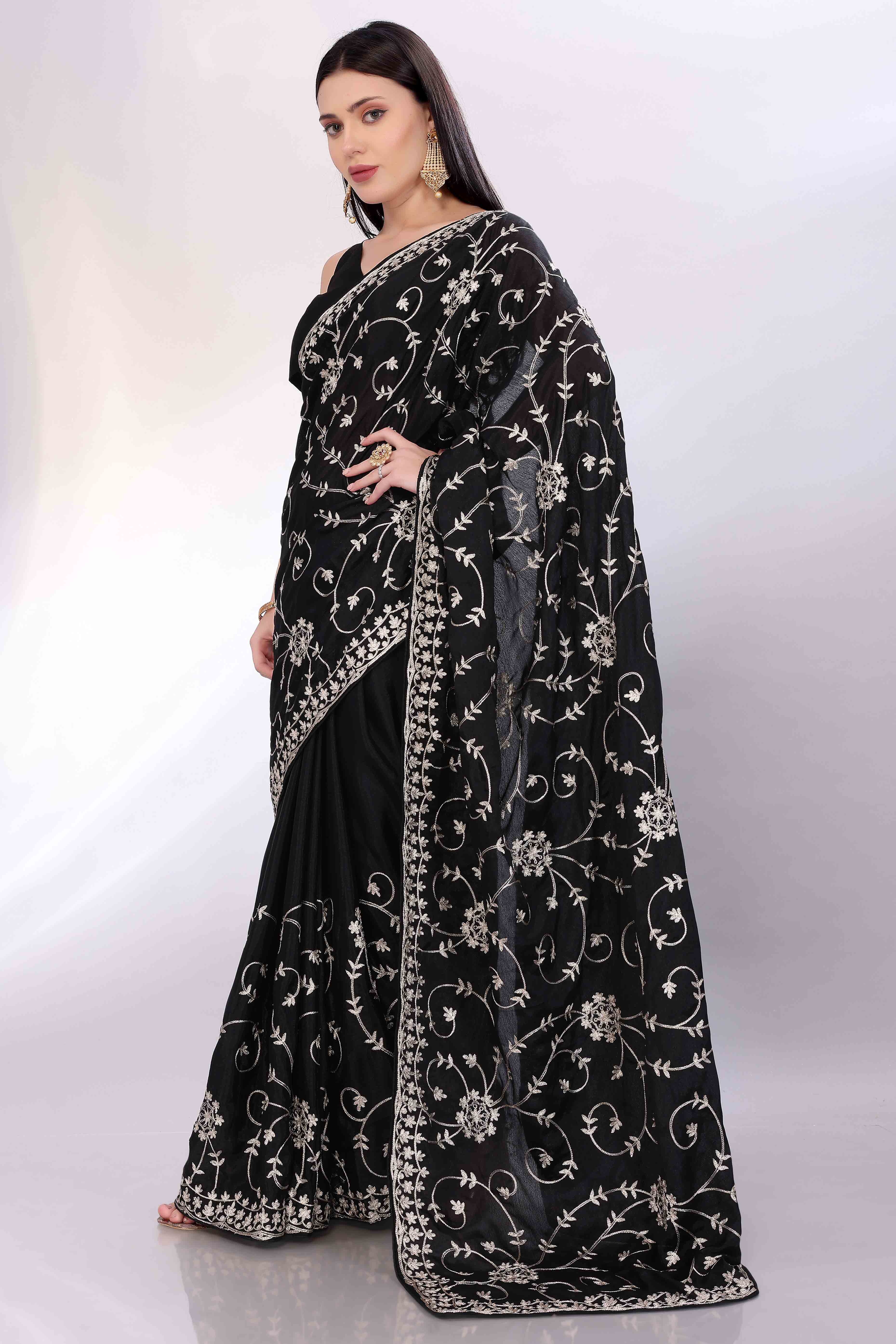 Black Chinon Silk Saree Adorned With Fine Floral Thread Work