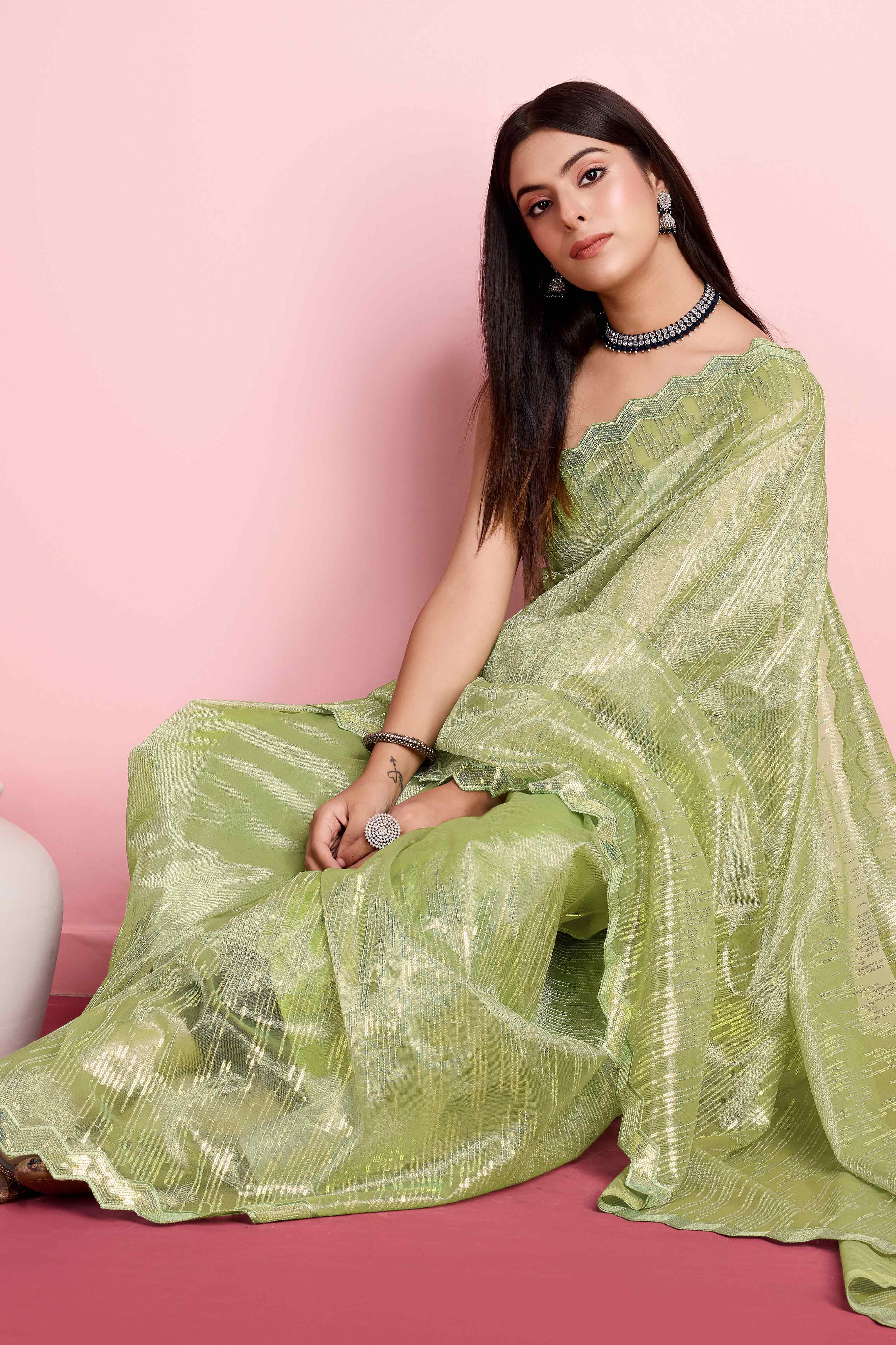 Green Sequins Embroidered Silver Twill Net Saree