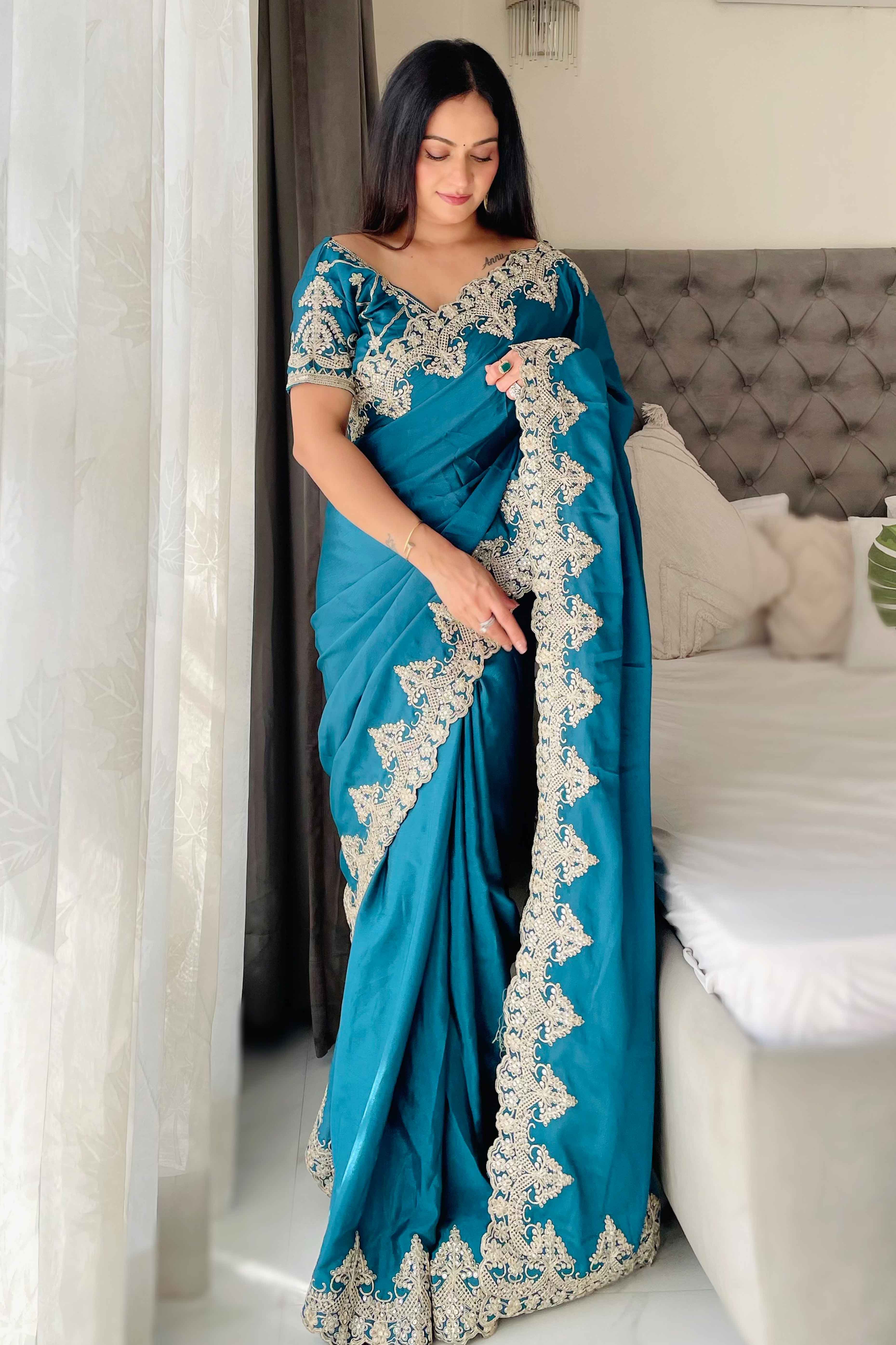 Blue Chinon Silk Blend Saree With Intricate Sequins & Cording Embroidery