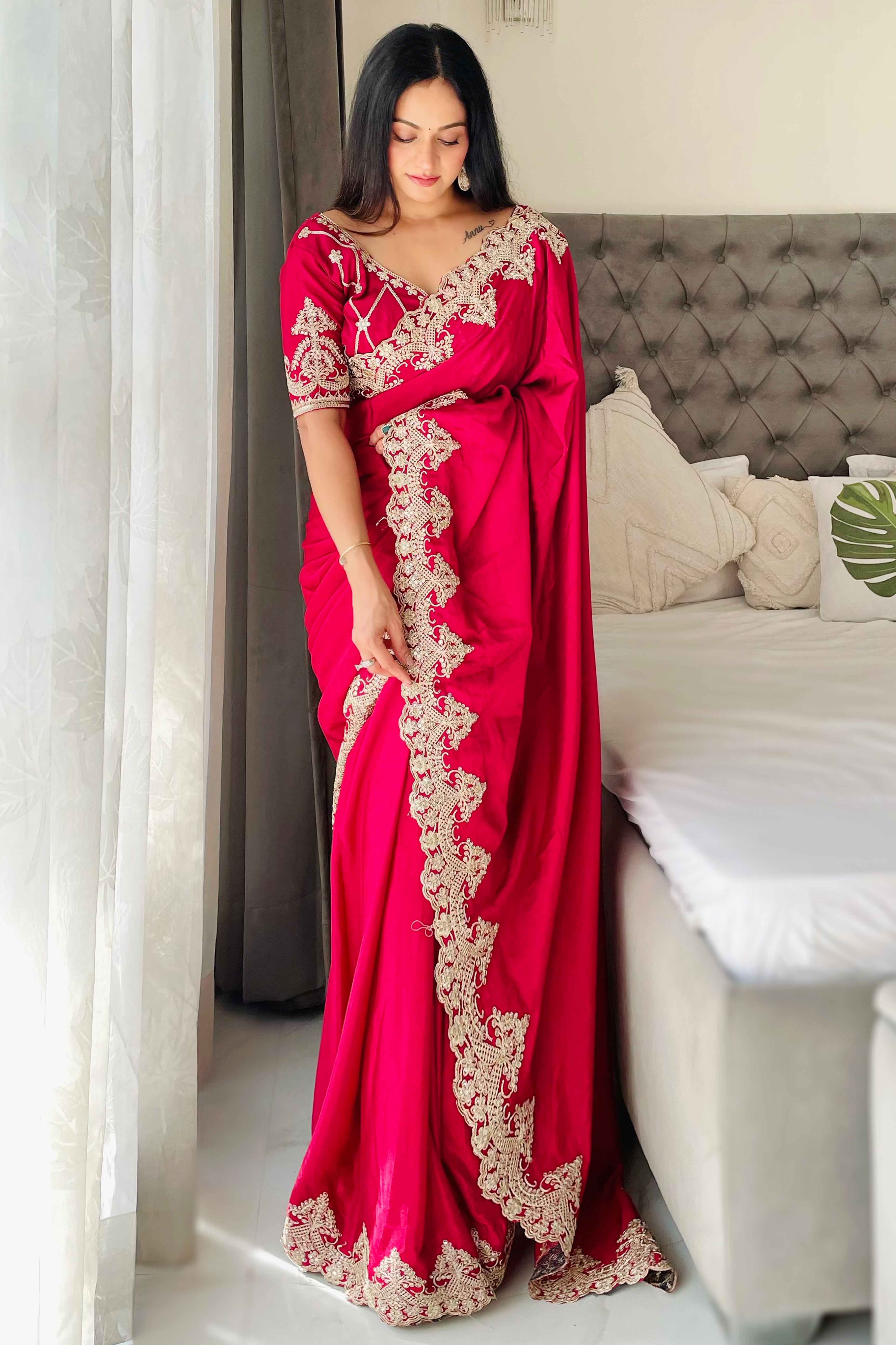 Pink Chinon Silk Blend Saree With Intricate Sequins & Cording Embroidery