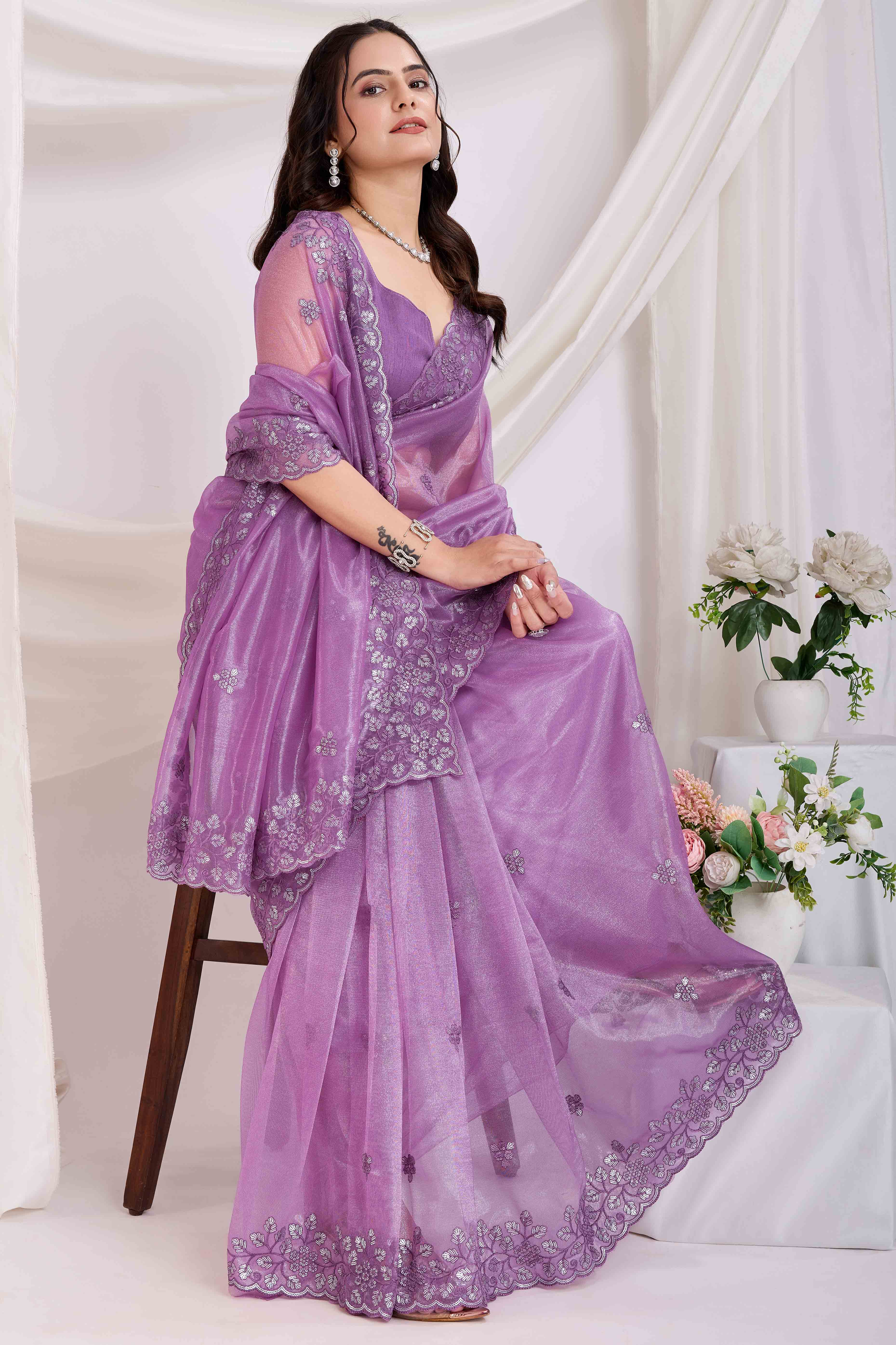 Lavender Twill Net Saree Embellished With Sequin Floral Embroidery