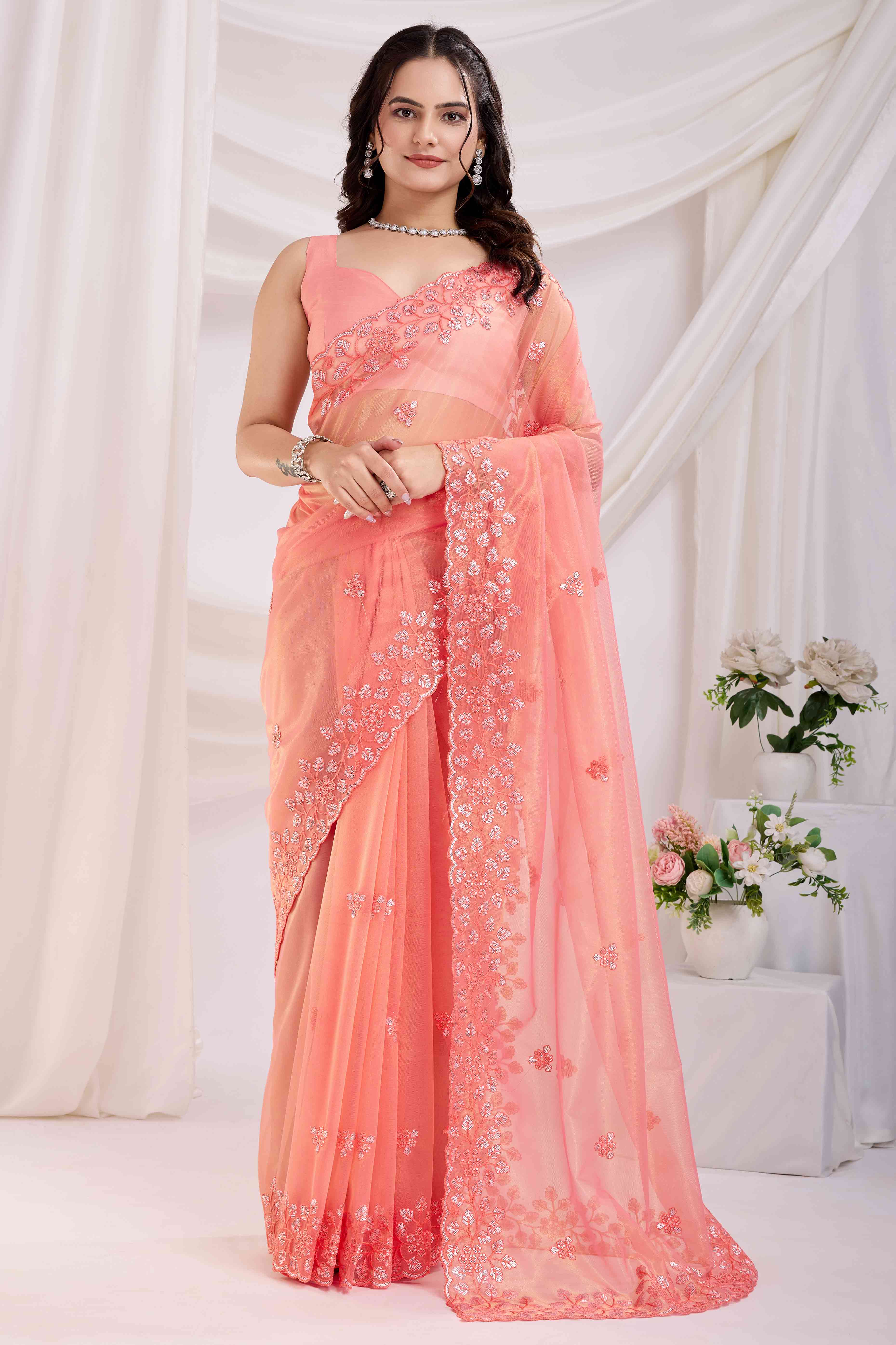 Peach Twill Net Saree Embellished With Sequin Floral Embroidery