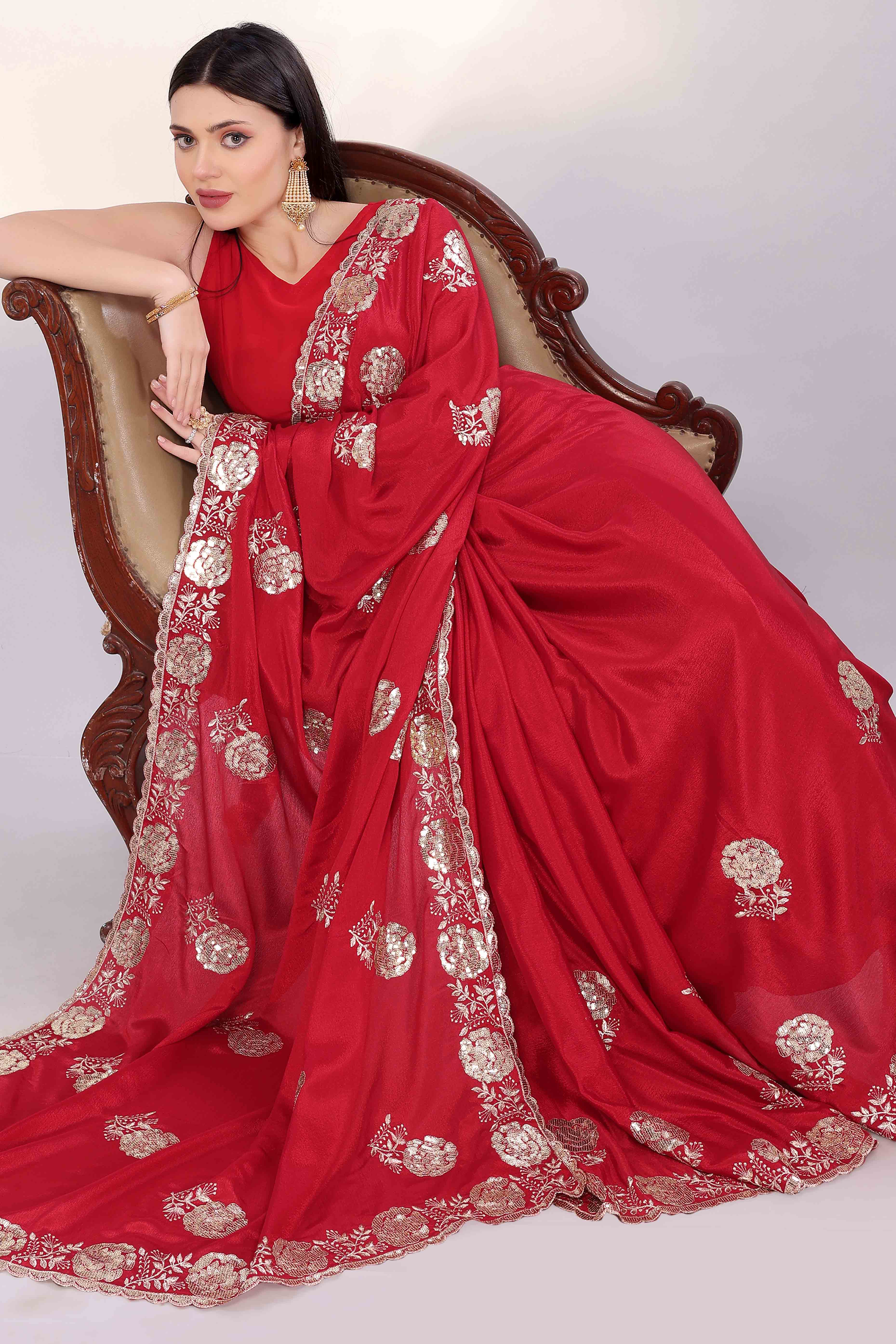 Cherry Red Saree Featuring Intricate Floral Embroidery With Sequins On Chinon Silk