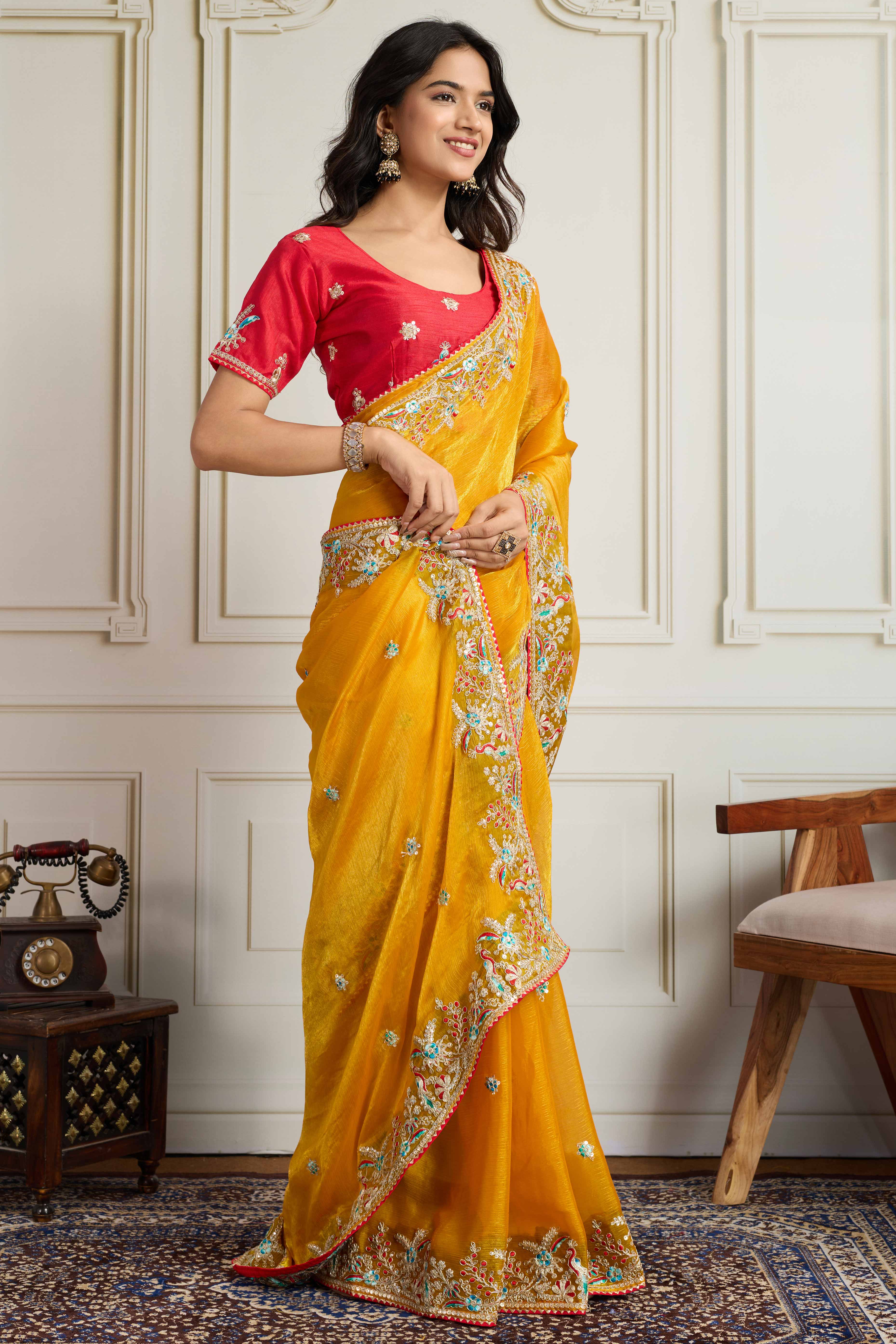 Mustard Fancy Chiffon Partywear Saree with Intricate Sequins & Thread Embroidery