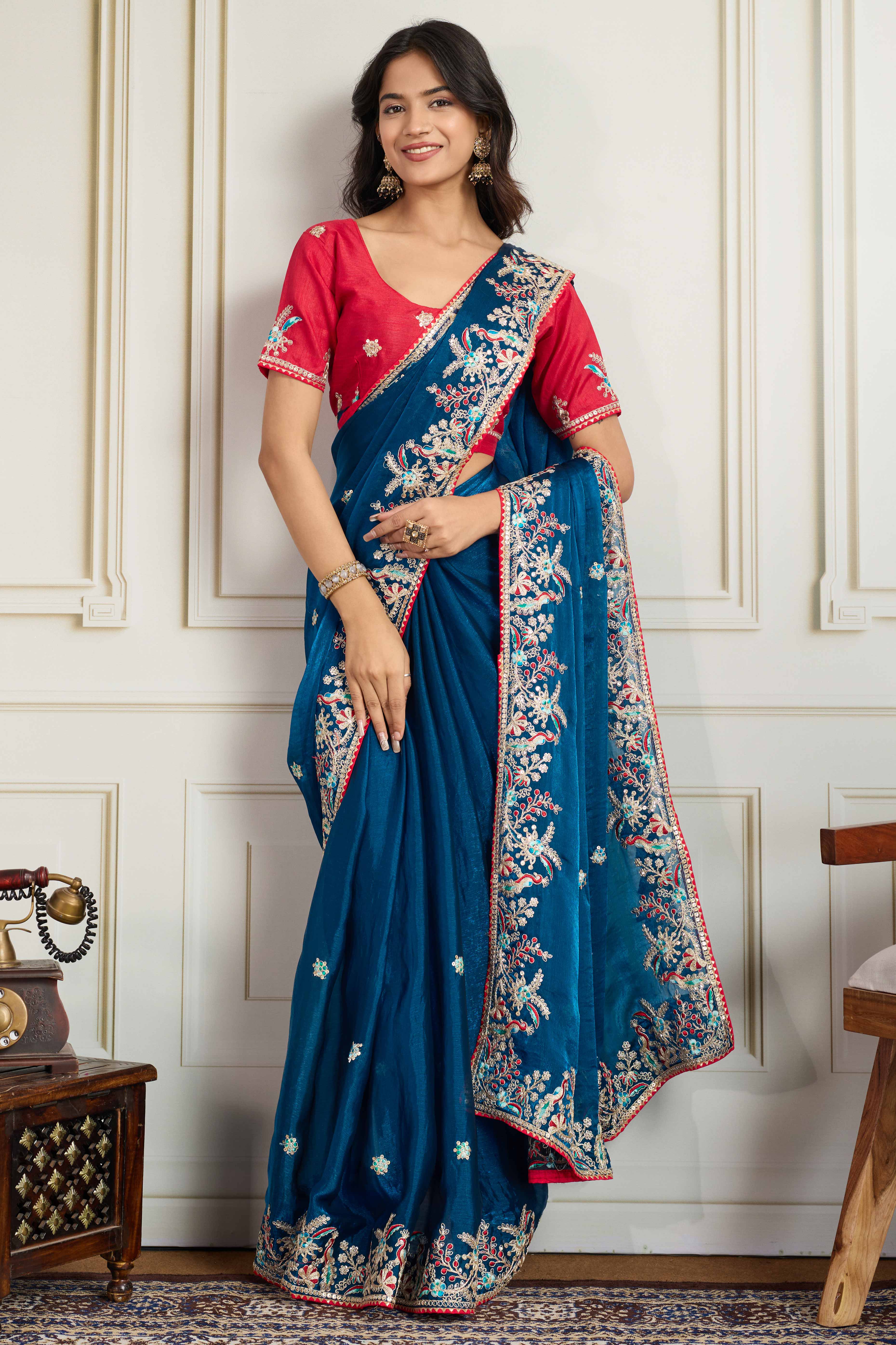 Teal Fancy Chiffon Partywear Saree with Intricate Sequins & Thread Embroidery